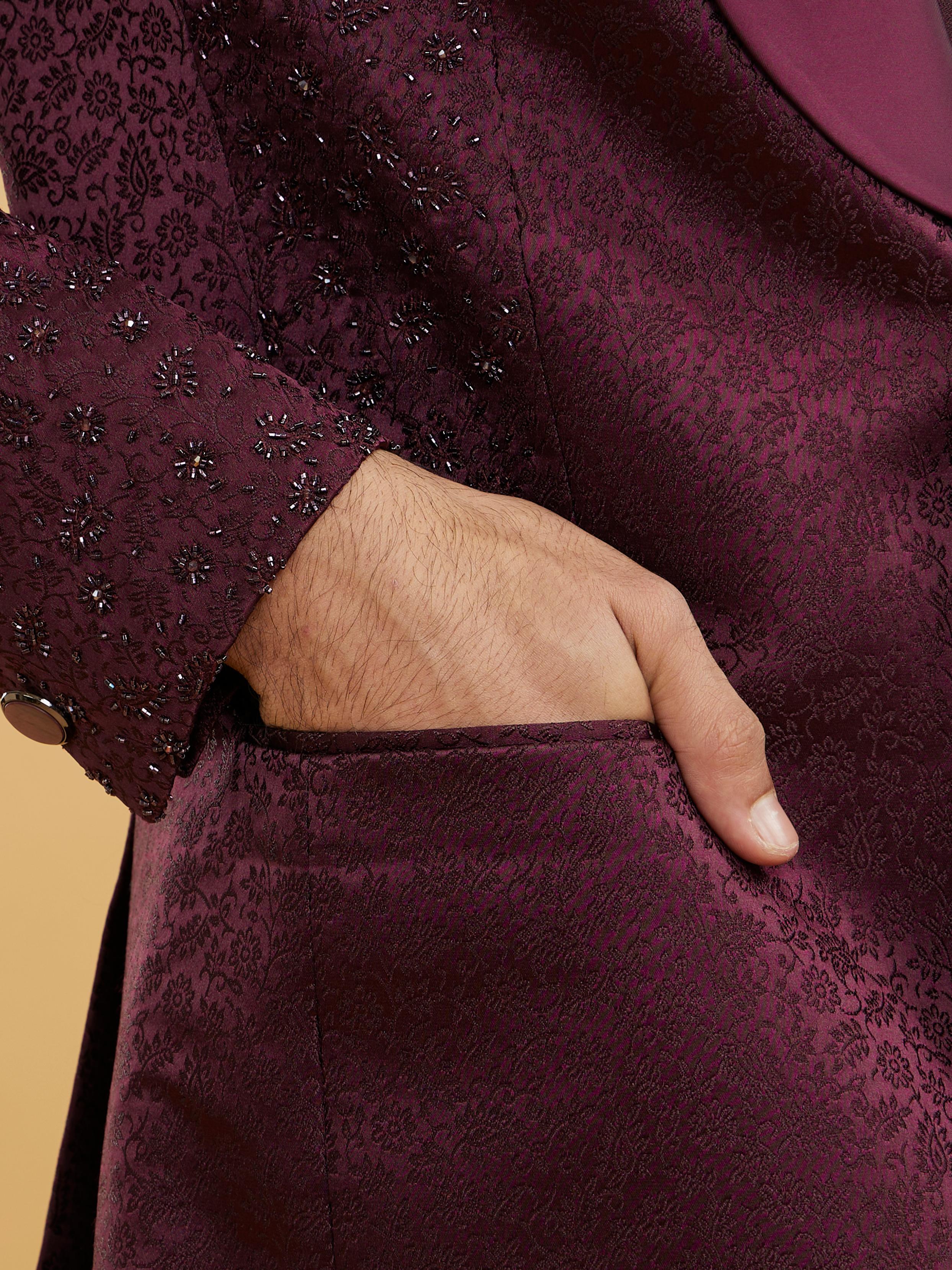 Twamev Men Wine Red Bel Buti Patterned Stone Work Designer Suit