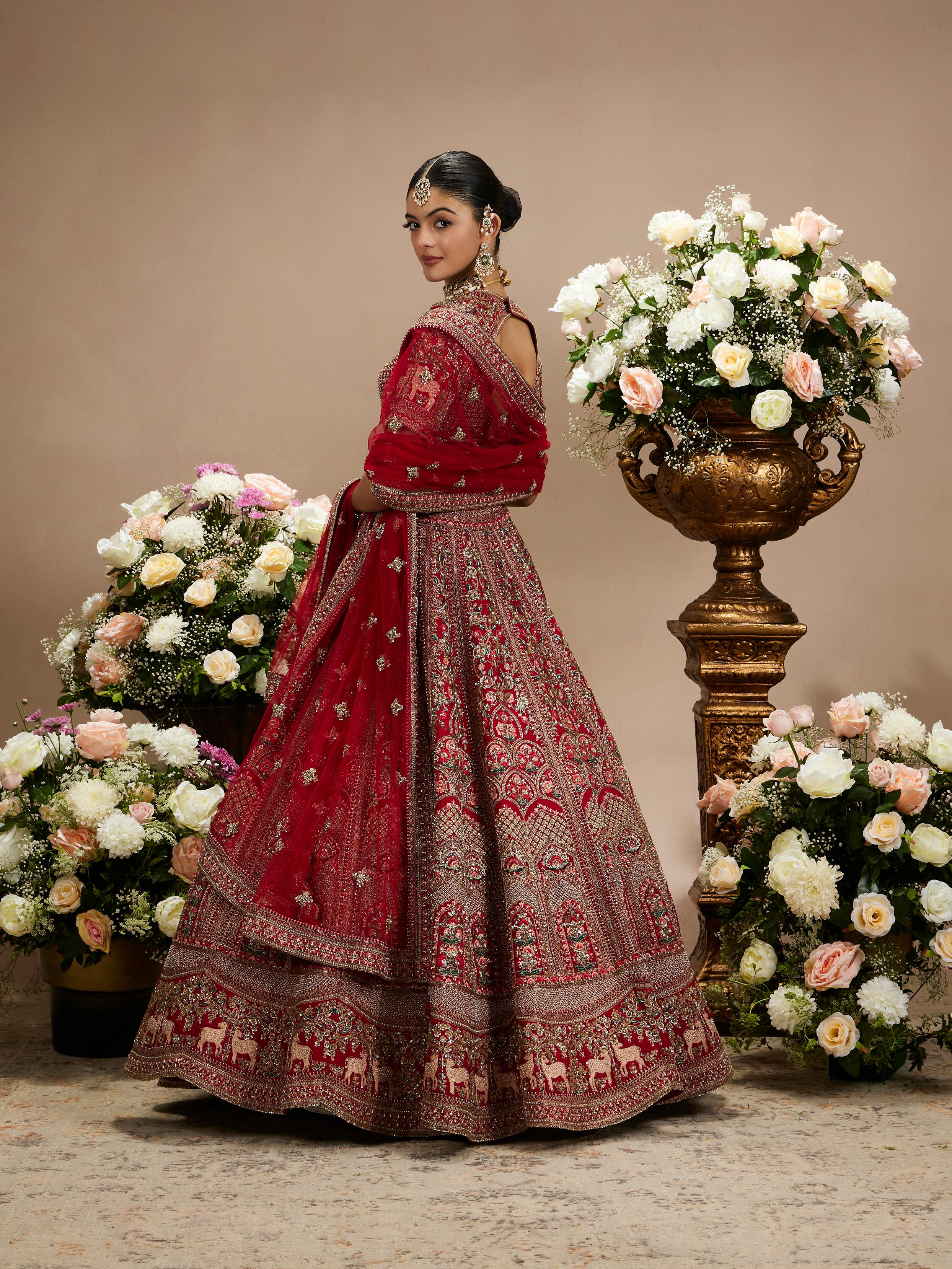 Twamev Women Scarlet Red Darbar Patterned Lehenga with Scallop Motifs, Floral And Bagh Embroidery