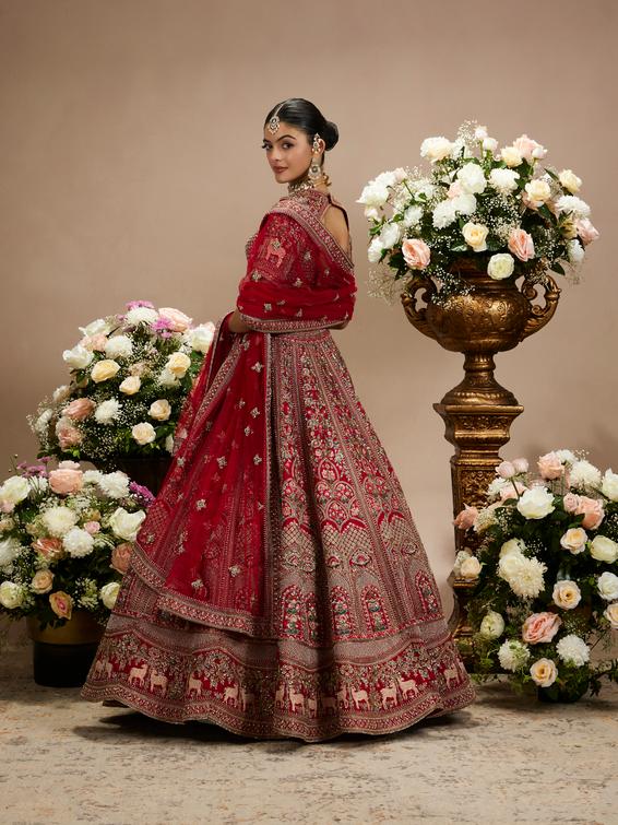 Twamev Women Scarlet Red Darbar Patterned Lehenga with Scallop Motifs, Floral And Bagh Embroidery
