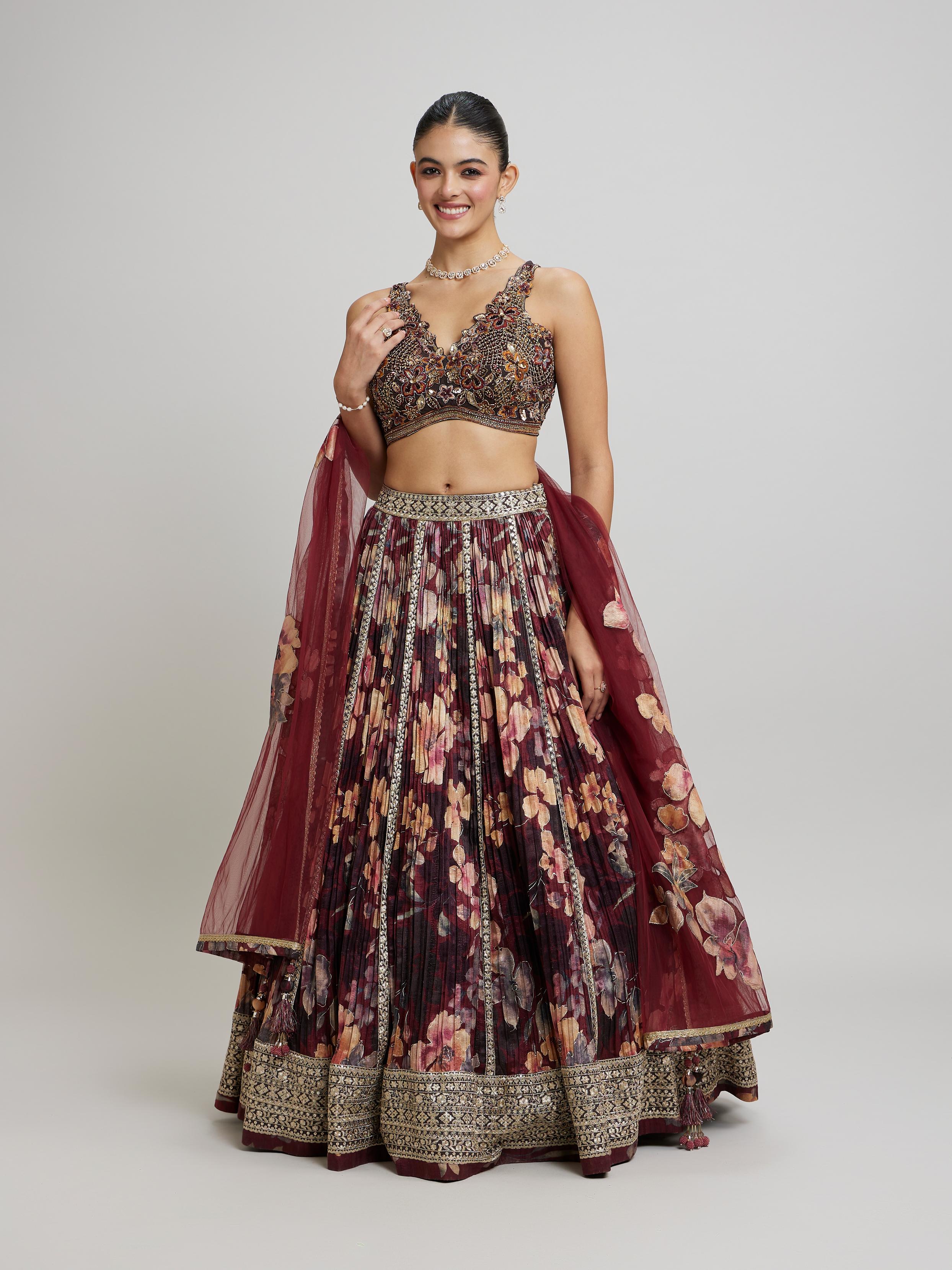 Twamev Women Elegant Maroon Net Lehenga