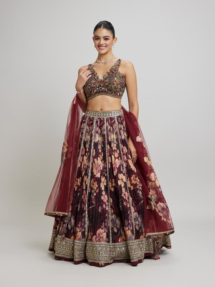 Twamev Women Elegant Maroon Net Lehenga