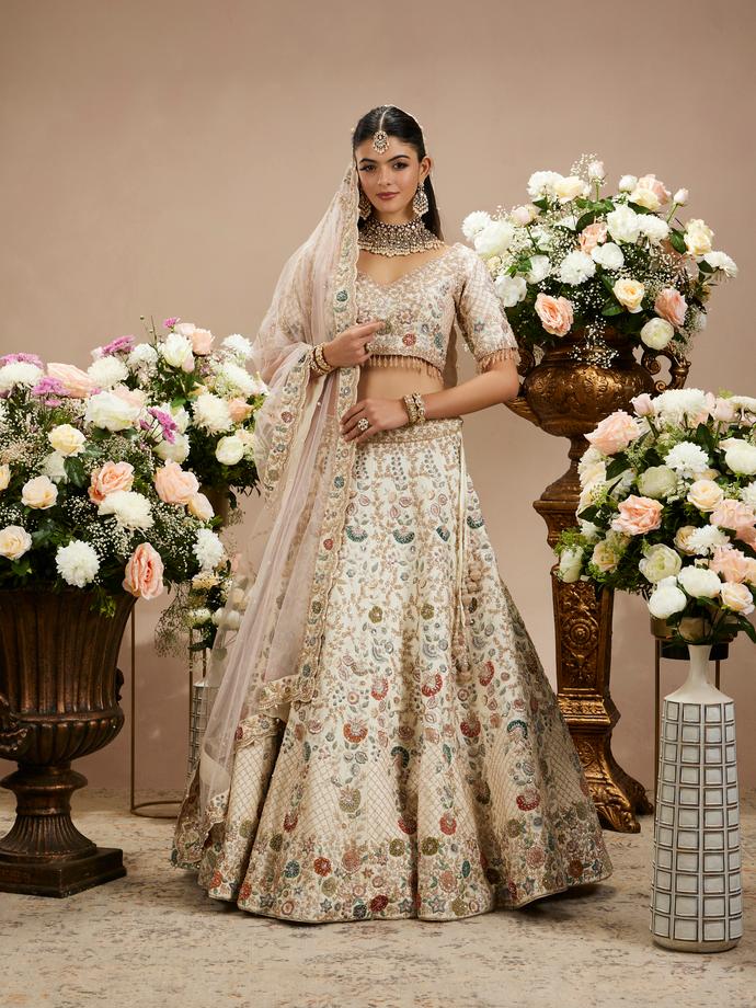 Twamev Women Cream White Bel Embroidered Lehenga with Floral Motifs, Sequin Work And Zari Work