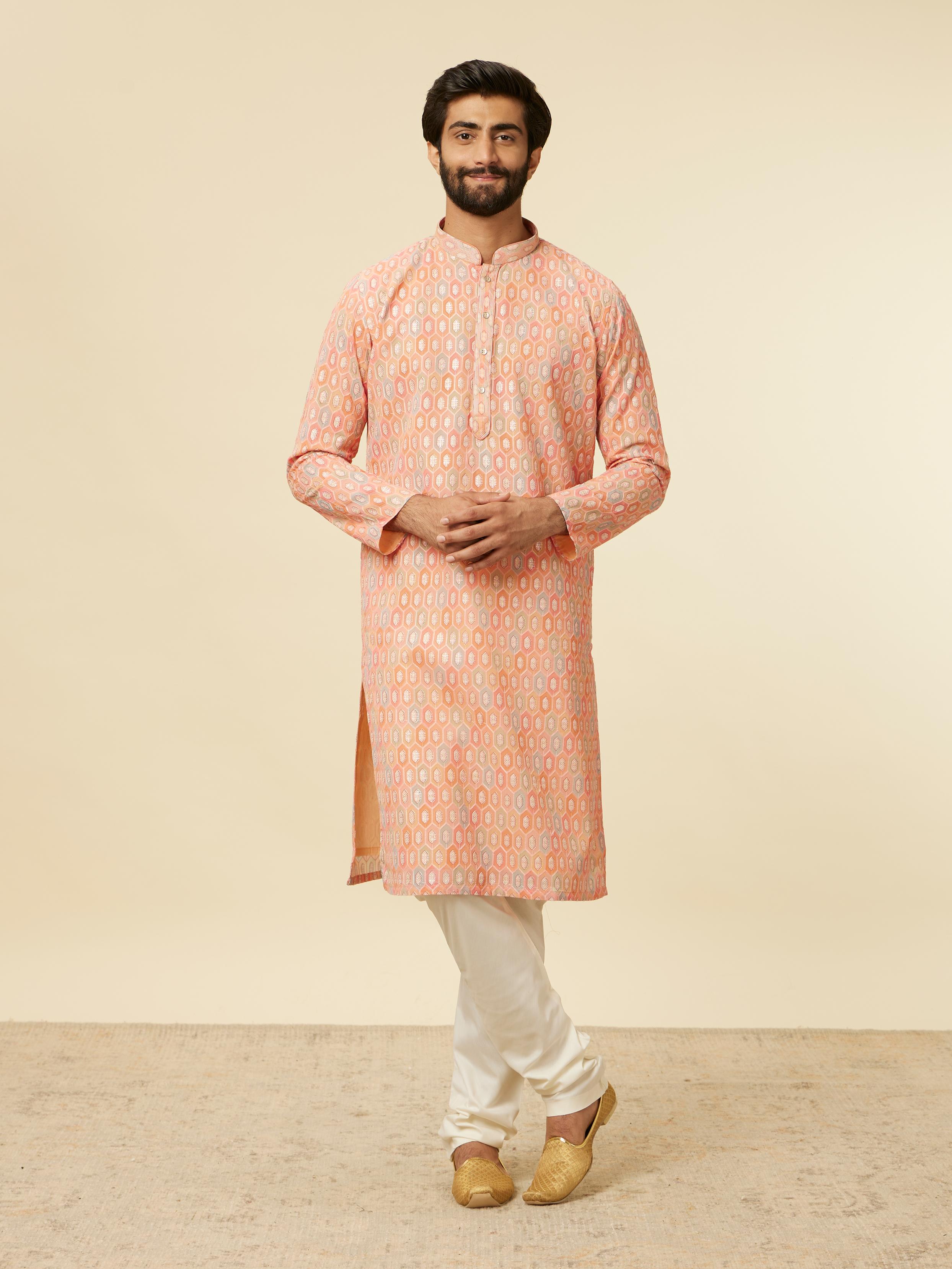 Twamev Men Peach Hexagonal Patterned Kurta Set