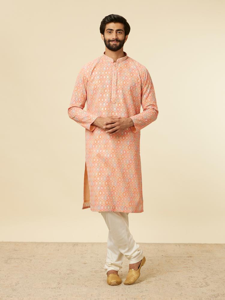 Twamev Men Peach Hexagonal Patterned Kurta Set