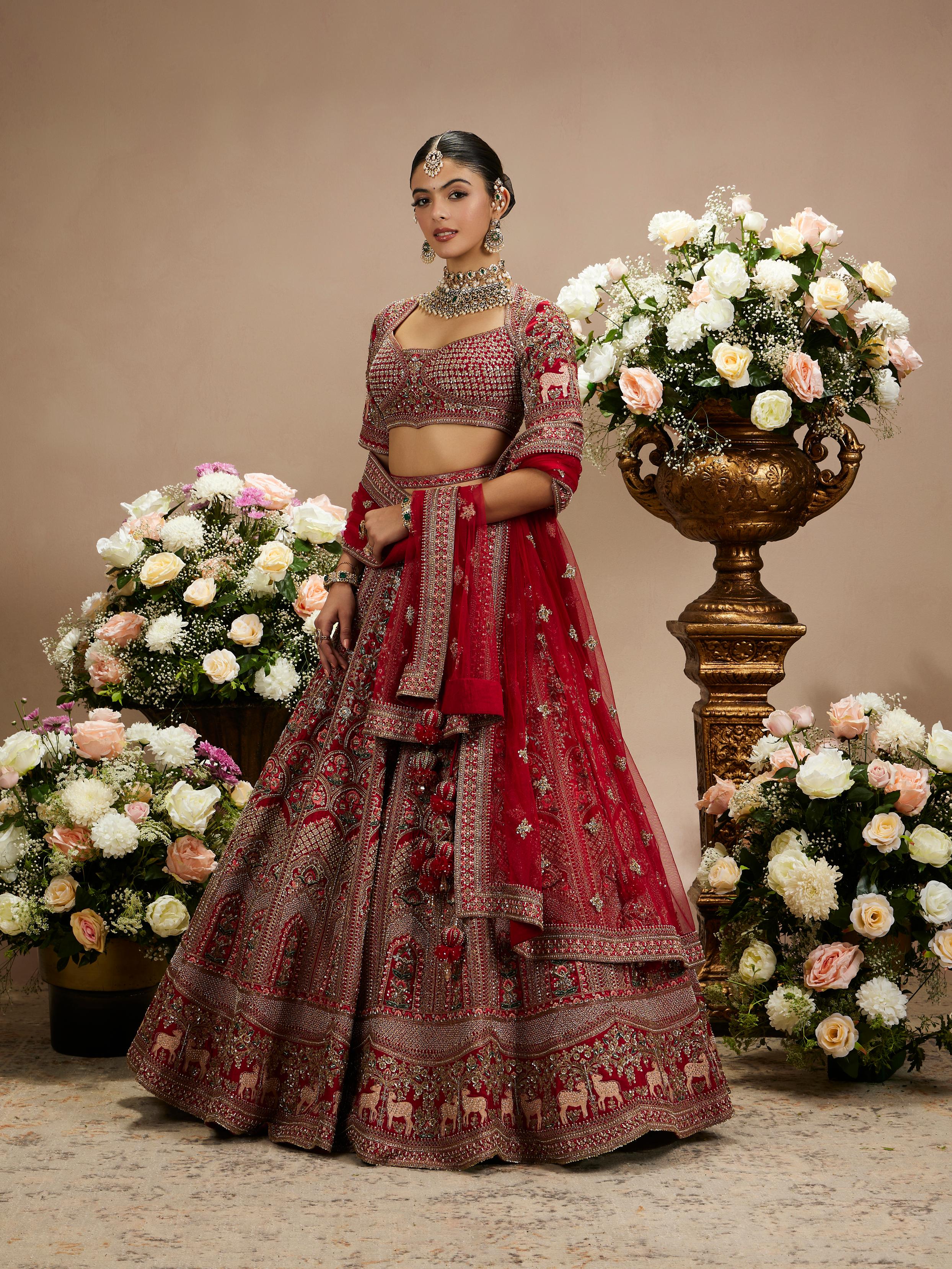 Twamev Women Scarlet Red Darbar Patterned Lehenga with Scallop Motifs, Floral And Bagh Embroidery