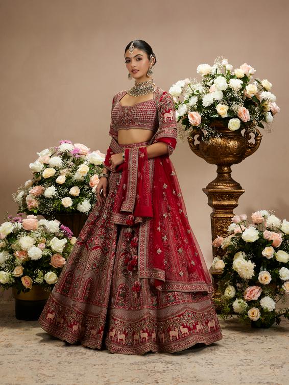 Twamev Women Scarlet Red Darbar Patterned Lehenga with Scallop Motifs, Floral And Bagh Embroidery