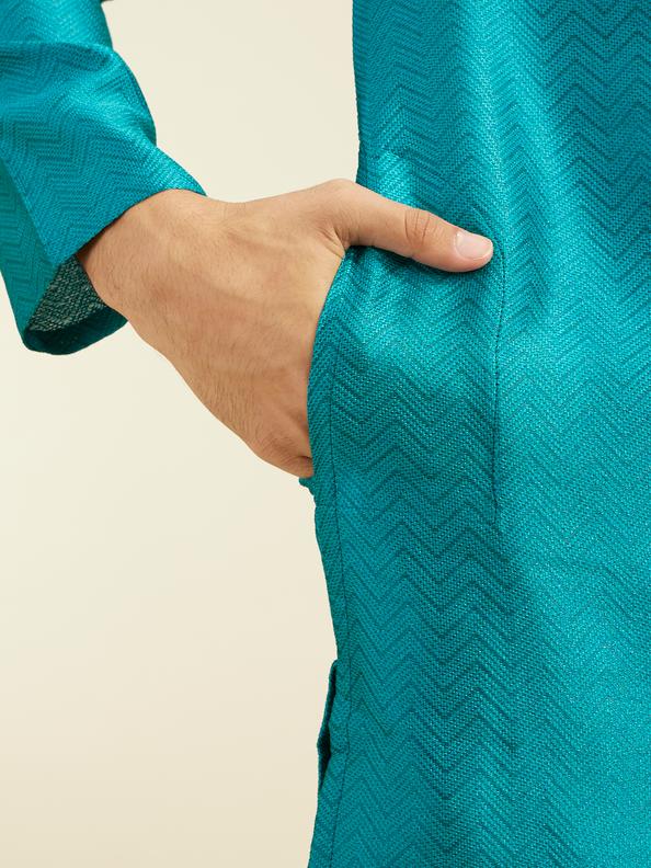 Diwas Men Teal Green Chevron Patterned Kurta
