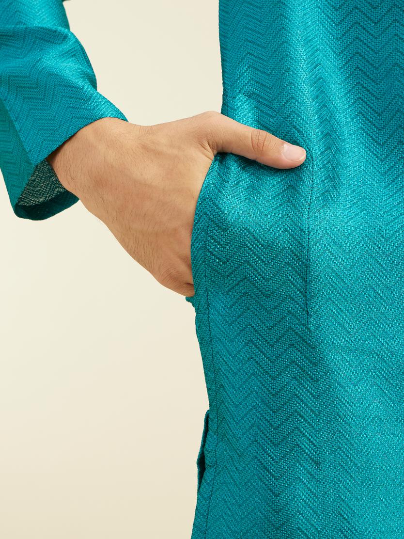Diwas Men Teal Green Chevron Patterned Kurta