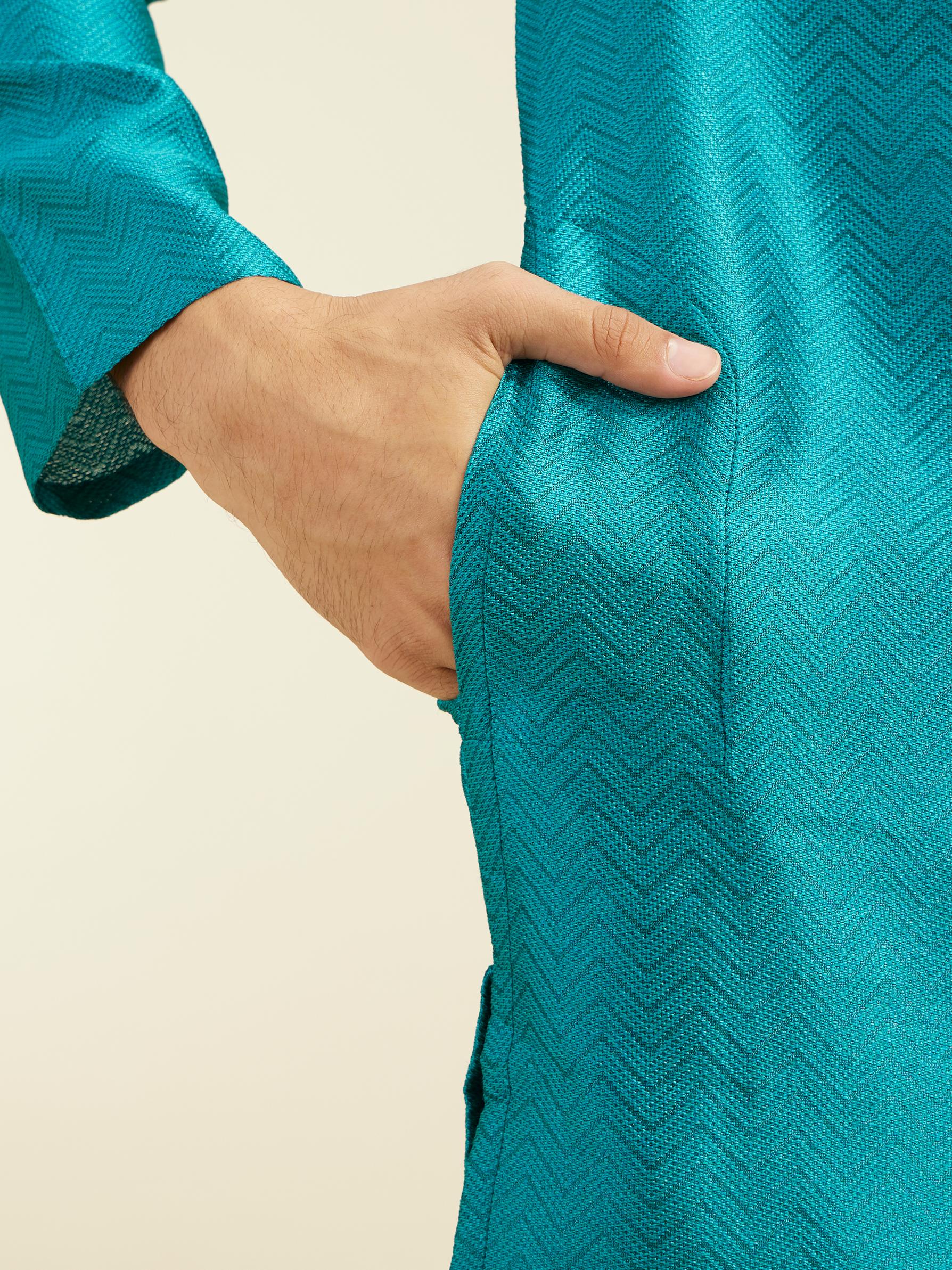 Diwas Men Teal Green Chevron Patterned Kurta