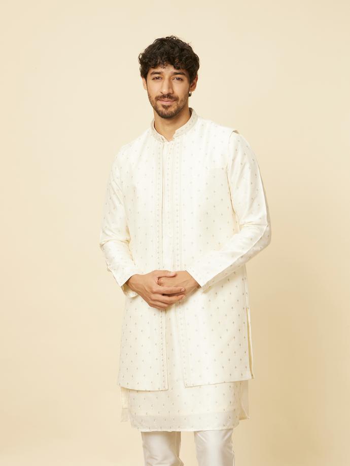 Twamev Men Warm White Self Patterned Jacket set