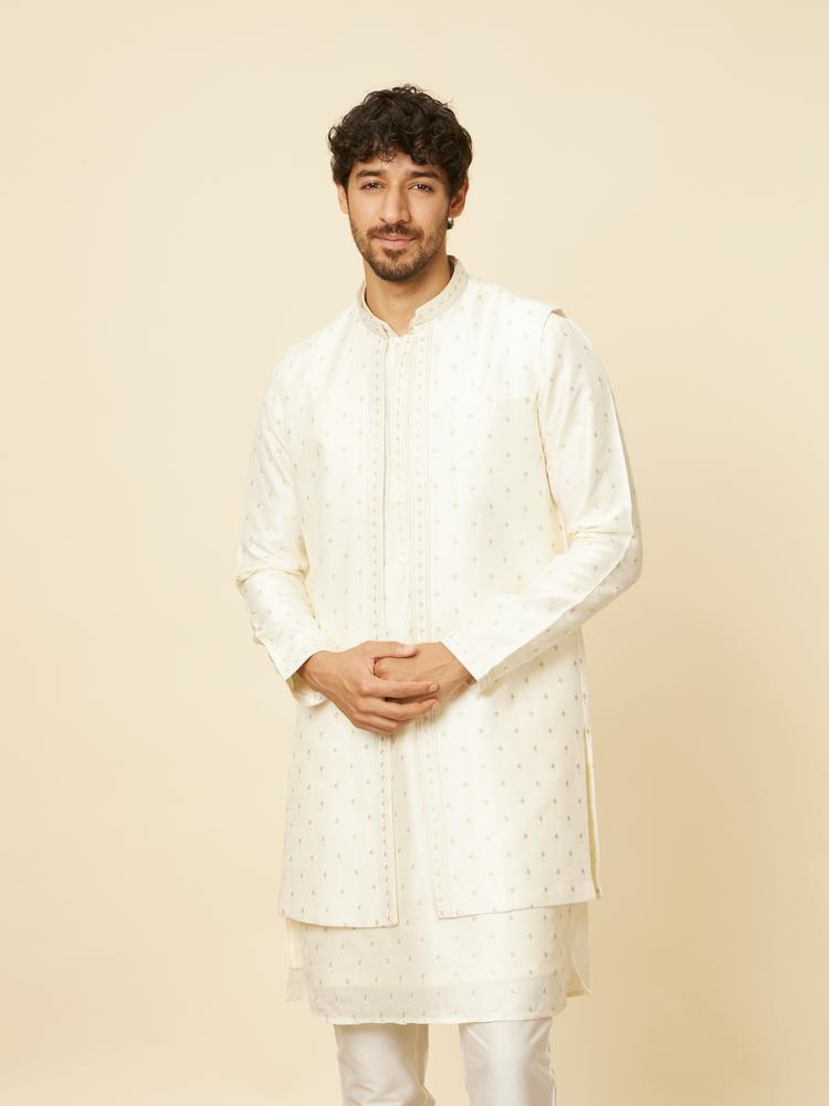 Twamev Men Warm White Self Patterned Jacket set