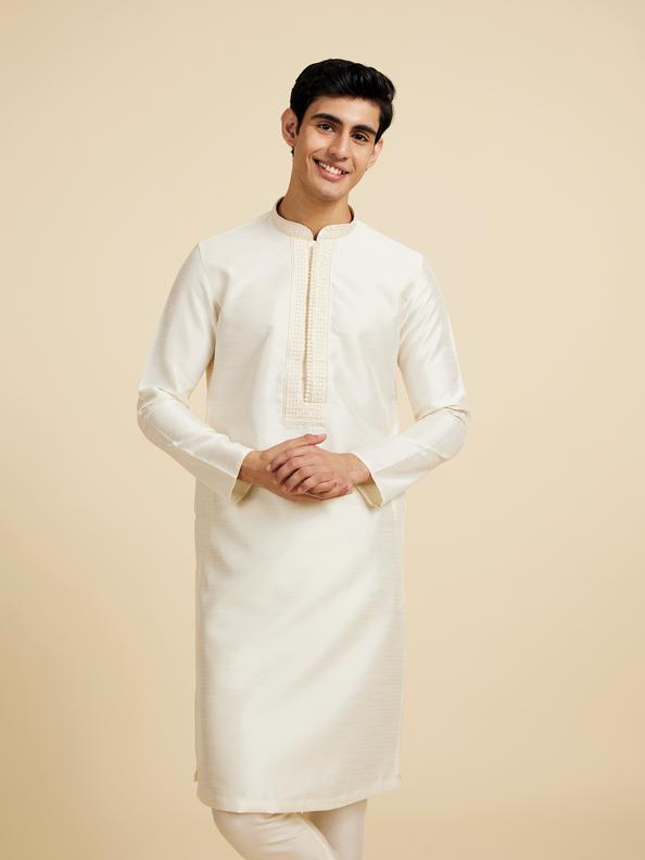 Diwas Men Cream White Plain Kurta with Rhinestone Embellished Neckline