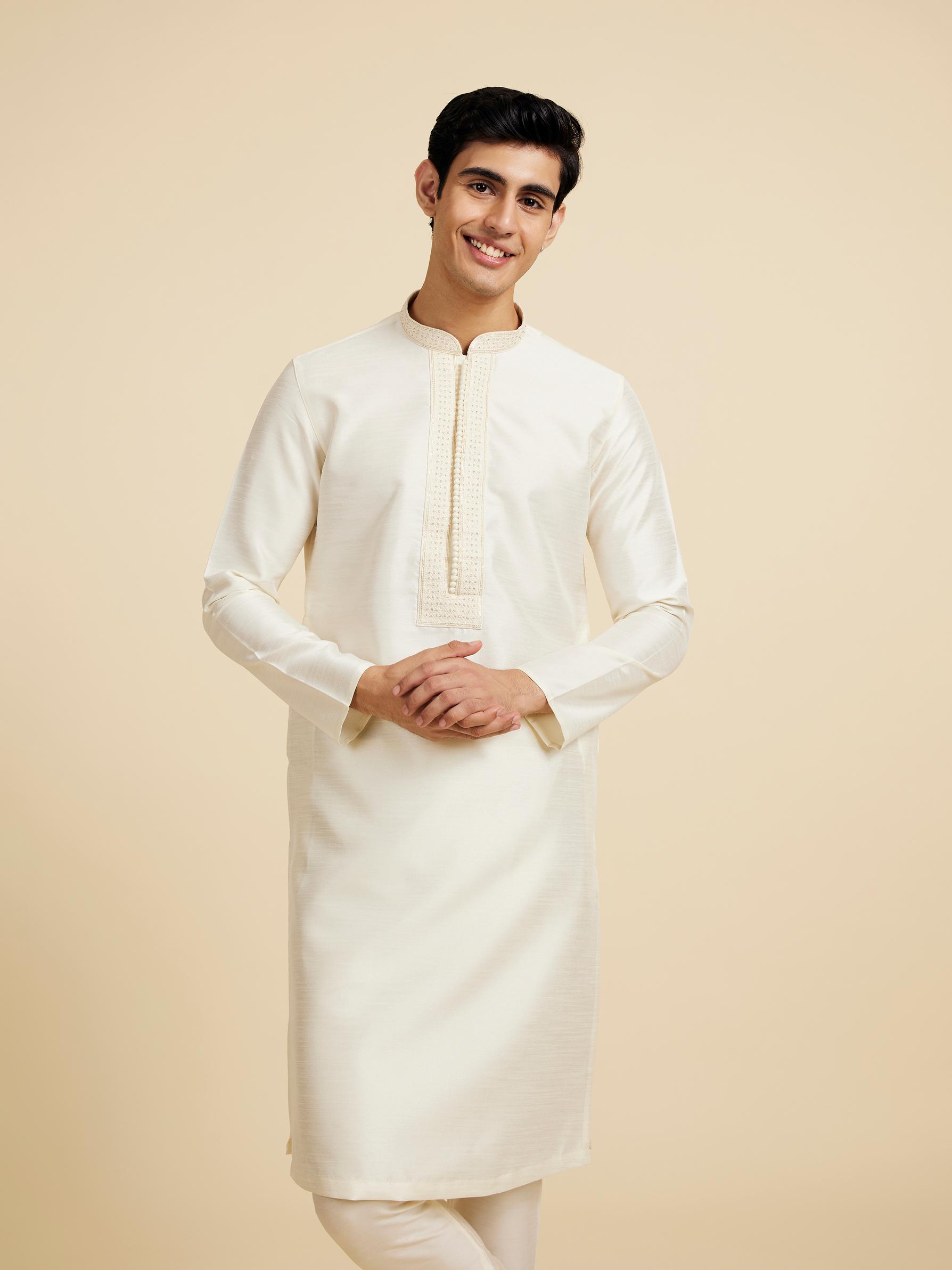 Diwas Men Cream White Plain Kurta with Rhinestone Embellished Neckline