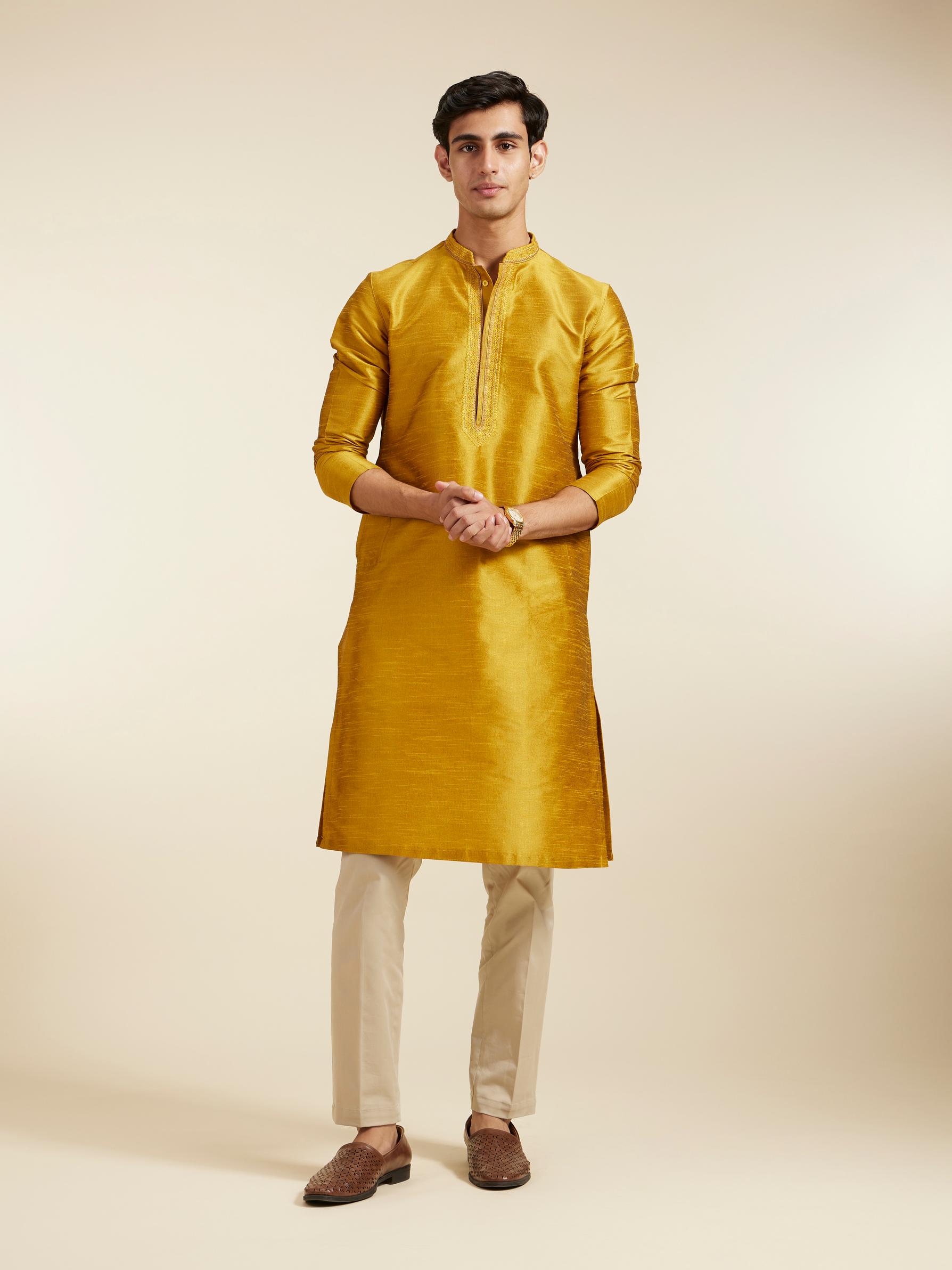 Diwas Men Mustard Yellow Self Textured Kurta with Embroidered Neckline
