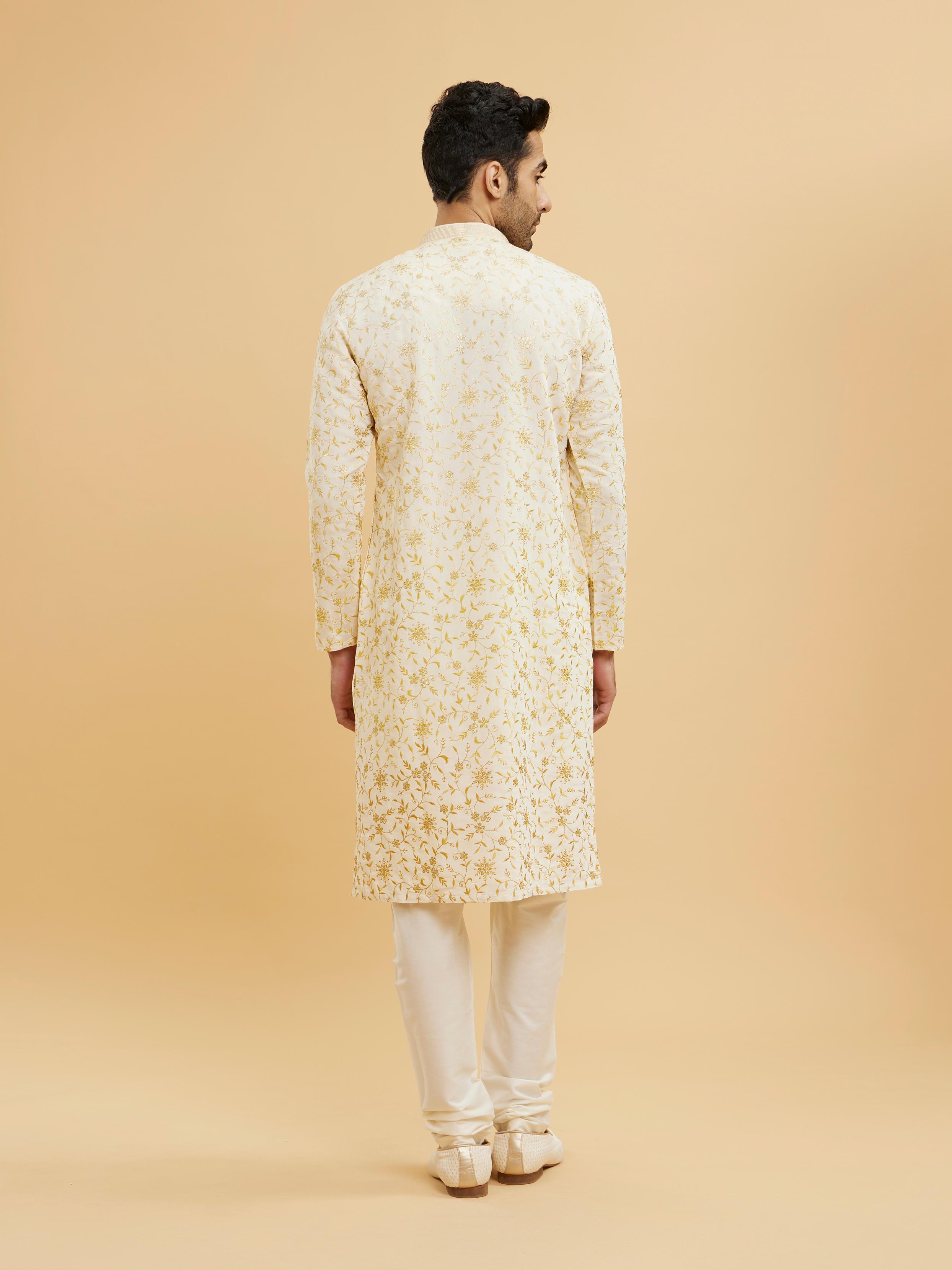 Twamev Men Yellow And Cream Bel Buti Patterned Kurta Set with Rhinestones