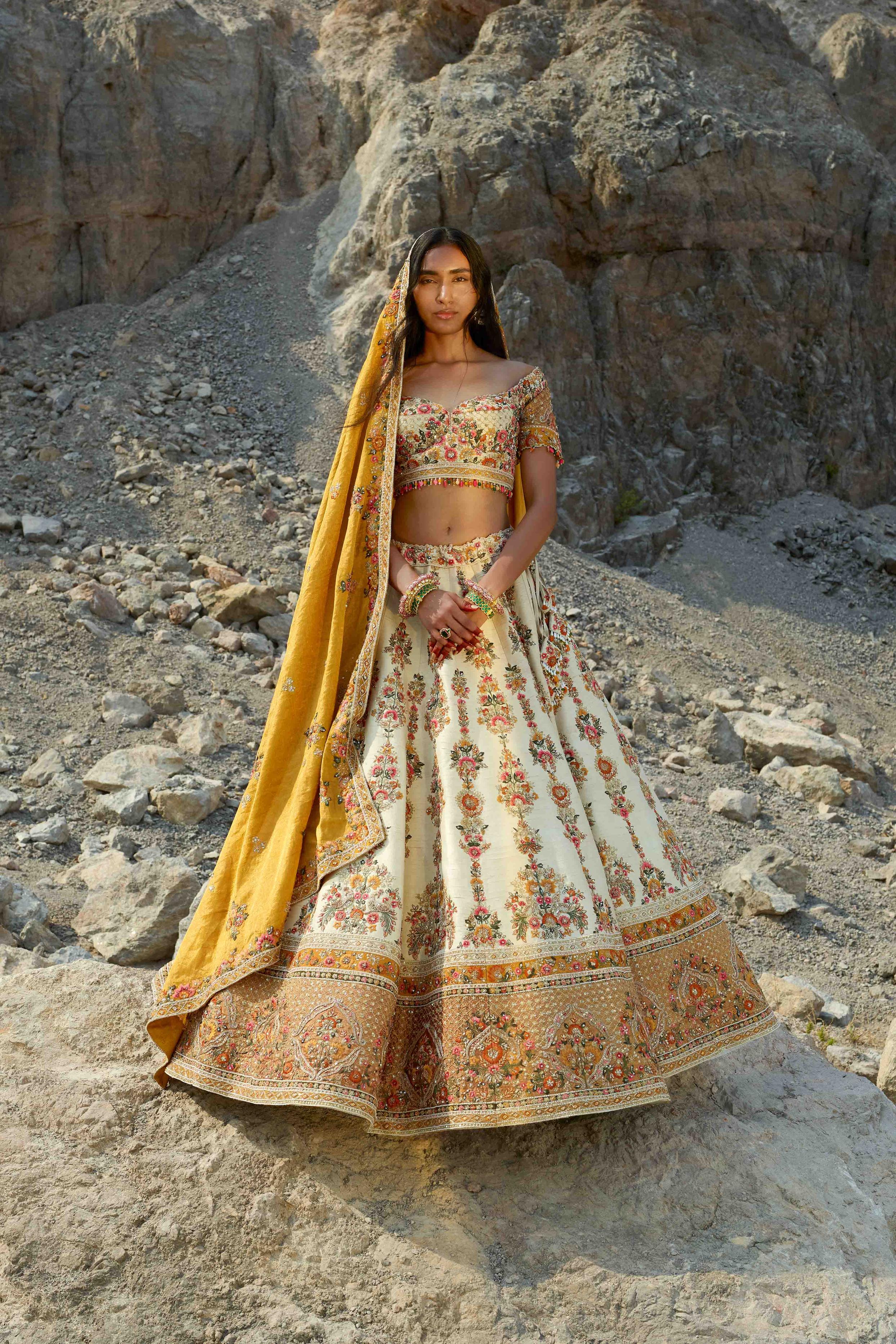 Twamev Women Pearl White Hand Embroidered Lehenga with Floral Motifs