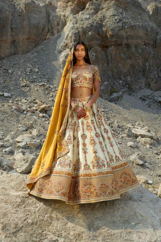Twamev Women Pearl White Hand Embroidered Lehenga with Floral Motifs