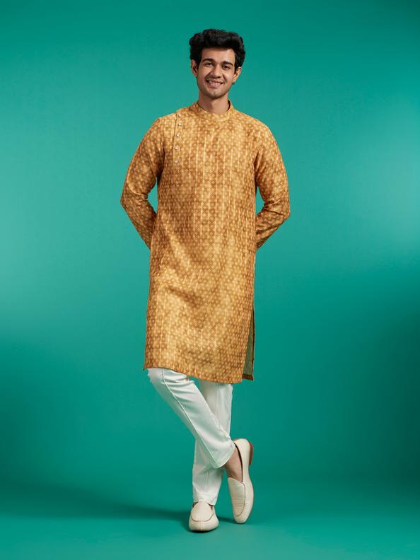 Diwas Men Mustard Yellow Bandhani Printed Angrakha Style Kurta