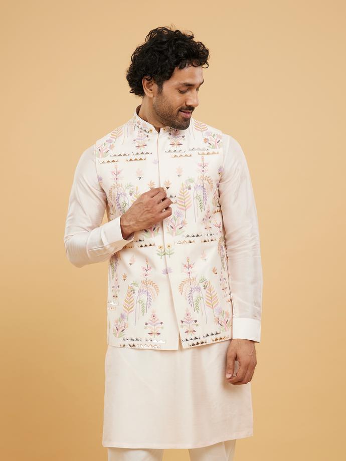 Twamev Men Baby Pink Leaf Patterned Jacket Set with Triangular Gota Patti Work