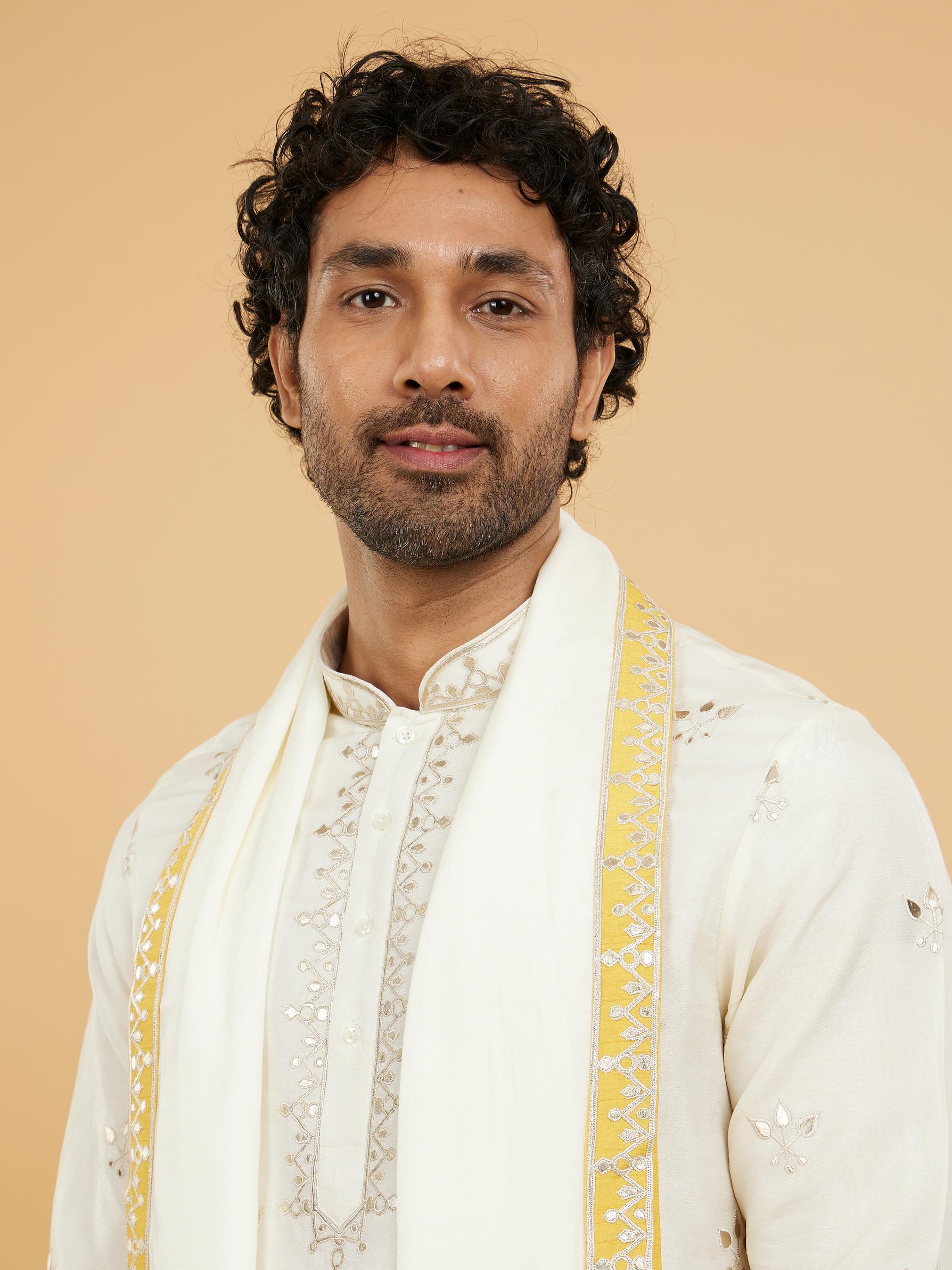 Twamev Men Twirling Mustard and Cream Kurta Set with Dupatta