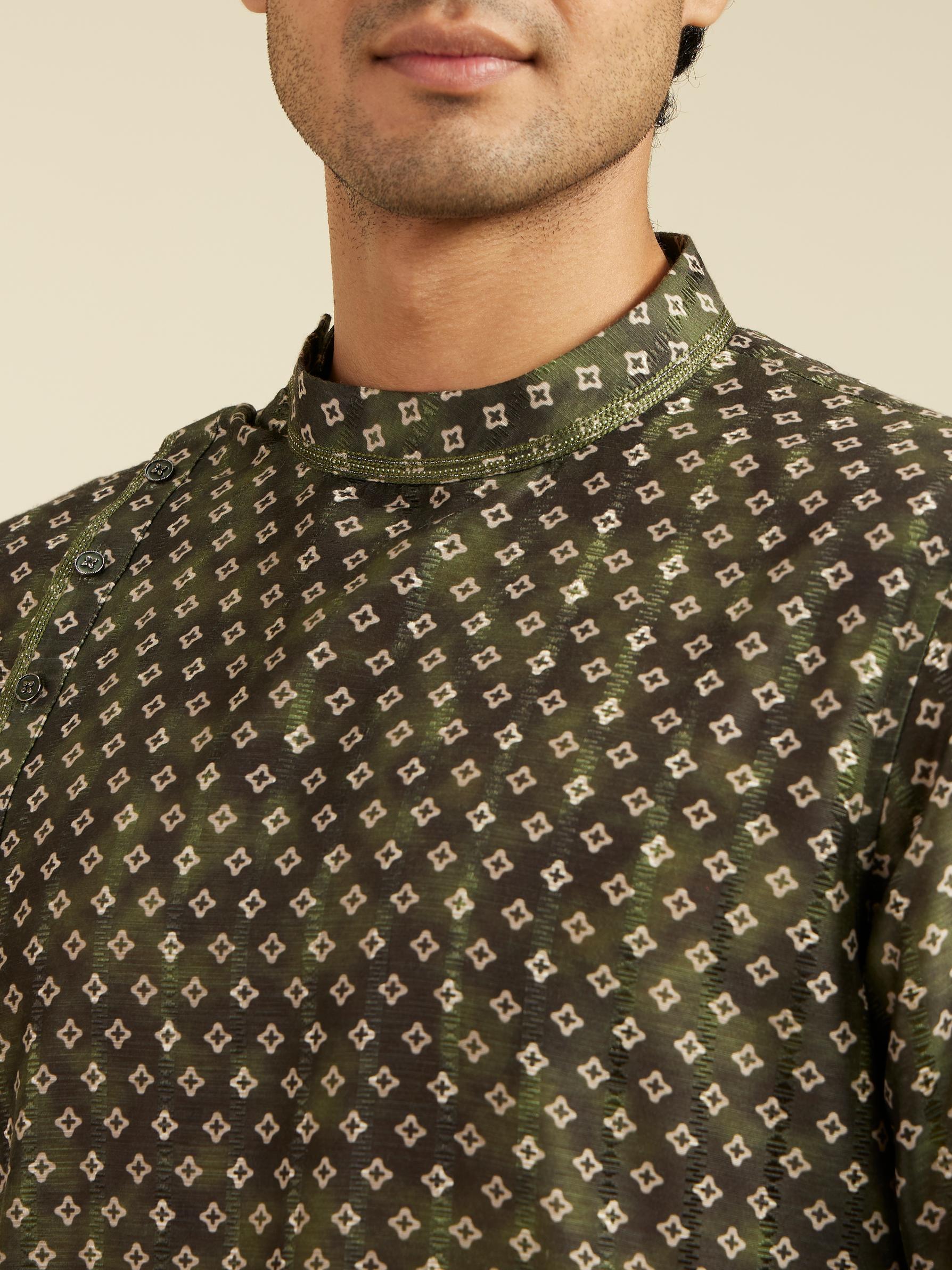 Diwas Men Bottle Green Bandhani Printed Angrakha Style Kurta