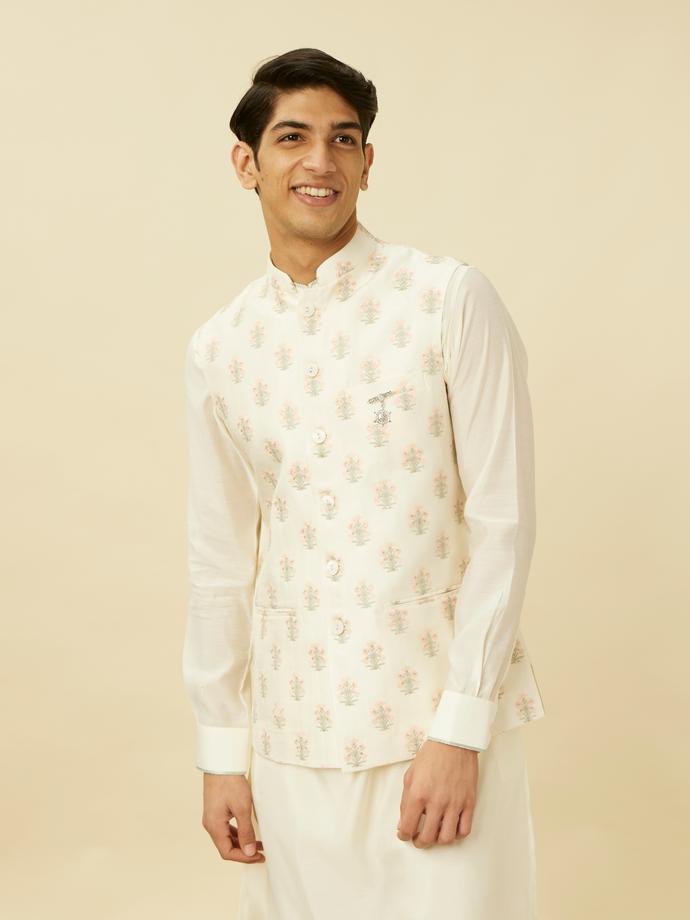 Twamev Men Ivory White Embroidered Kurta Jacket Set