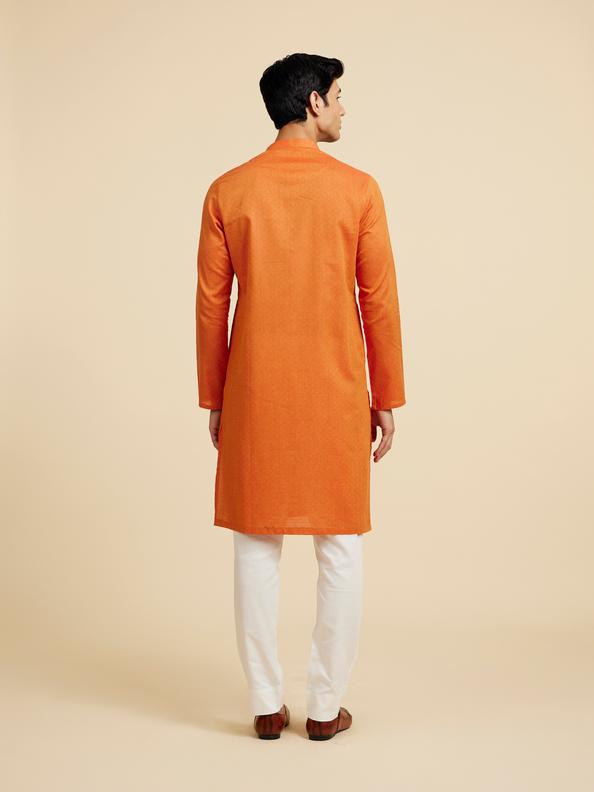 Diwas Men Pumpkin Orange Lattice Patterned Kurta