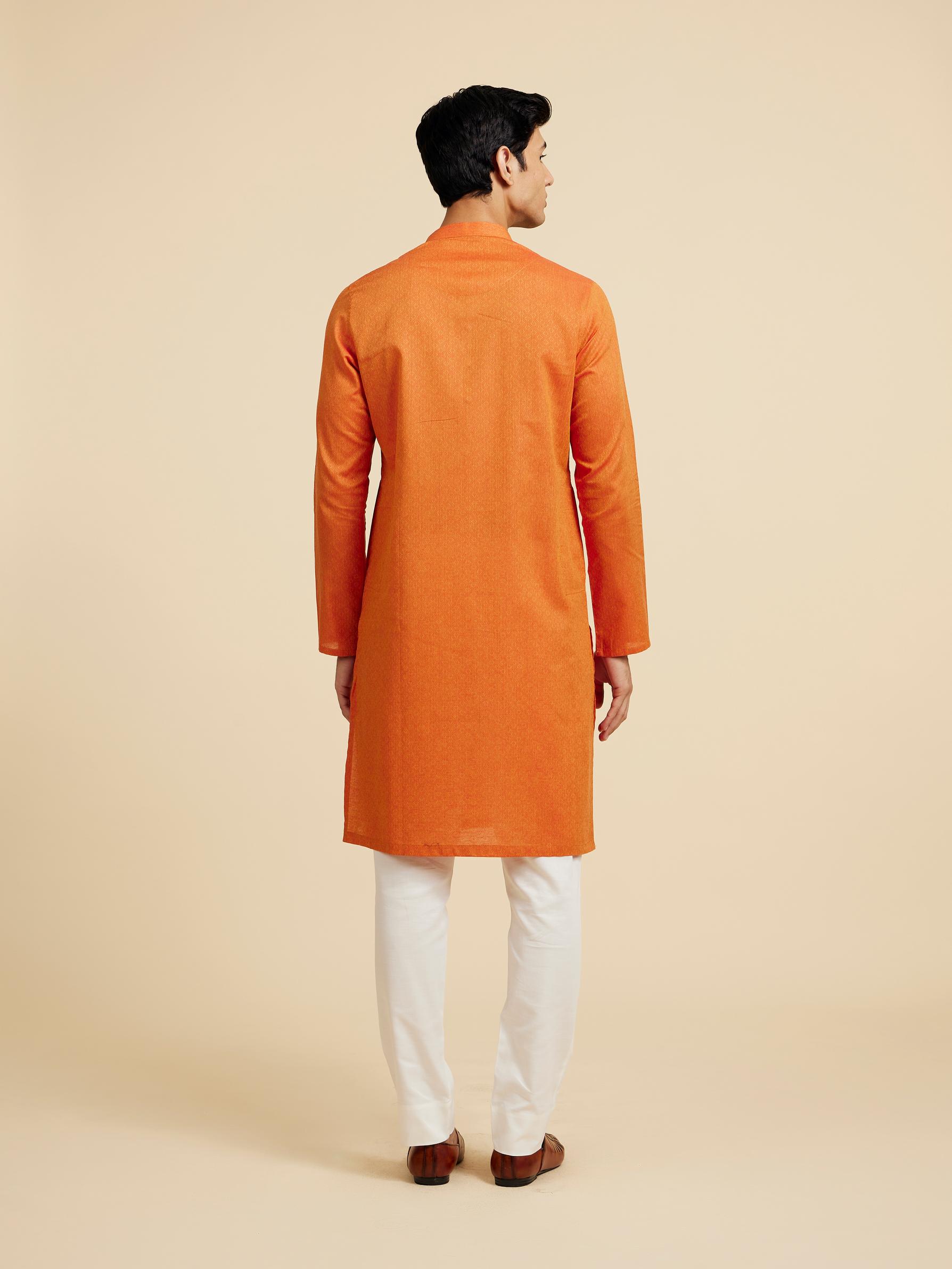 Diwas Men Pumpkin Orange Lattice Patterned Kurta