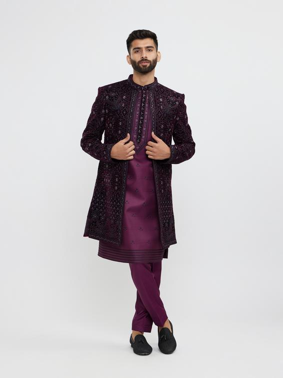 Twamev Men Wine Red Sherwani Set with Geometric Patterns and Rhinestones
