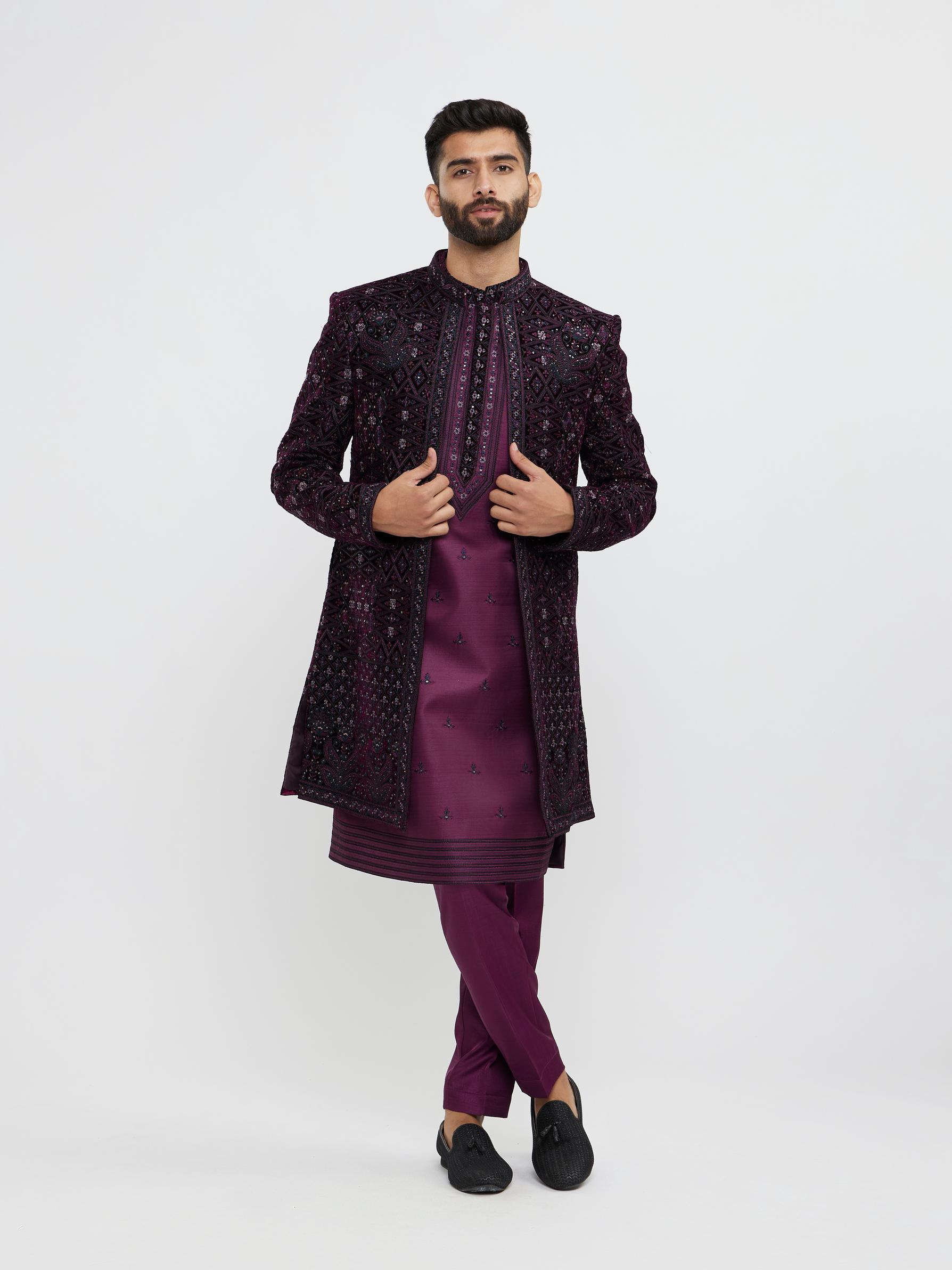 Twamev Men Wine Red Sherwani Set with Geometric Patterns and Rhinestones