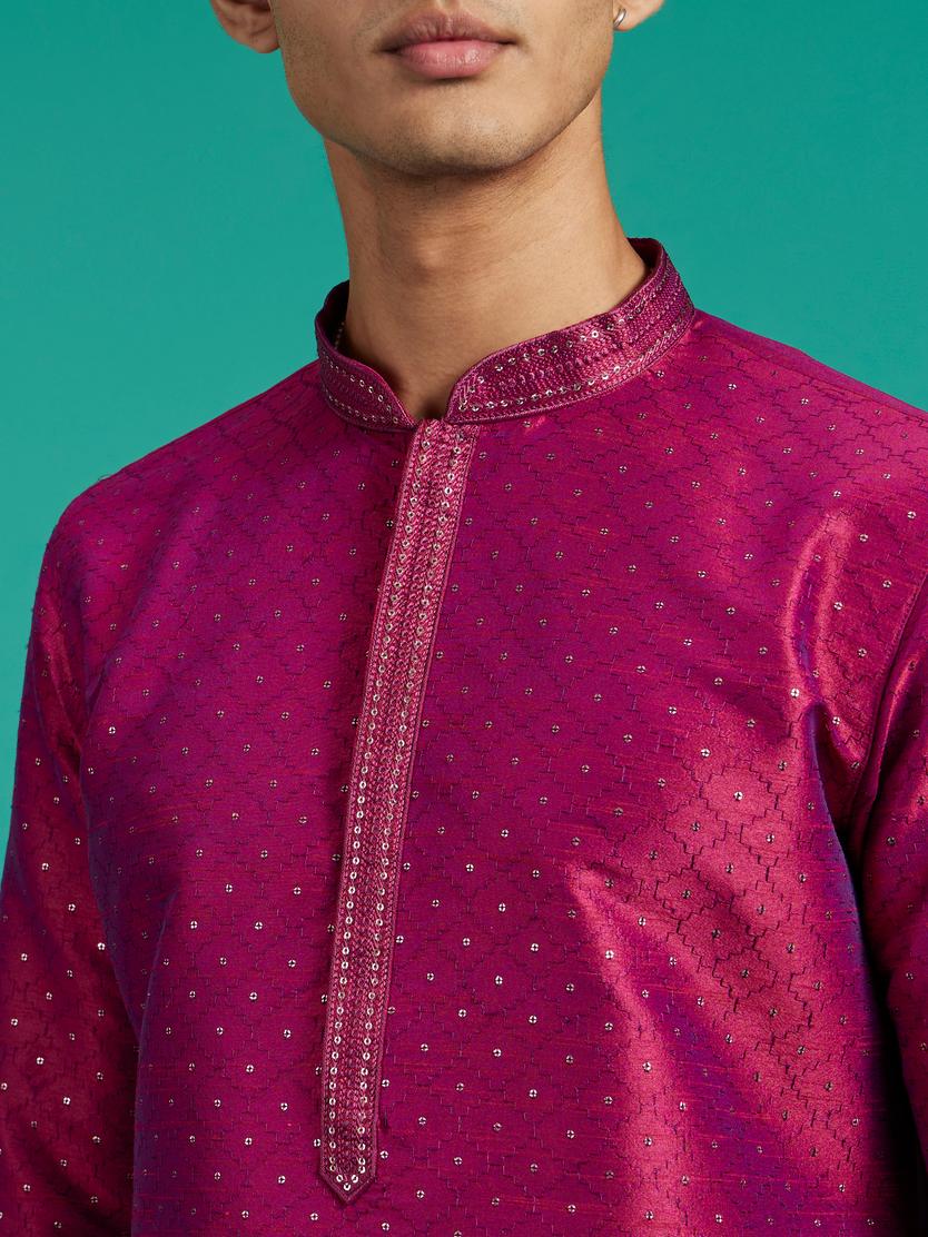 Diwas Men Rani Pink Grid Patterned Kurta with Sequin Work