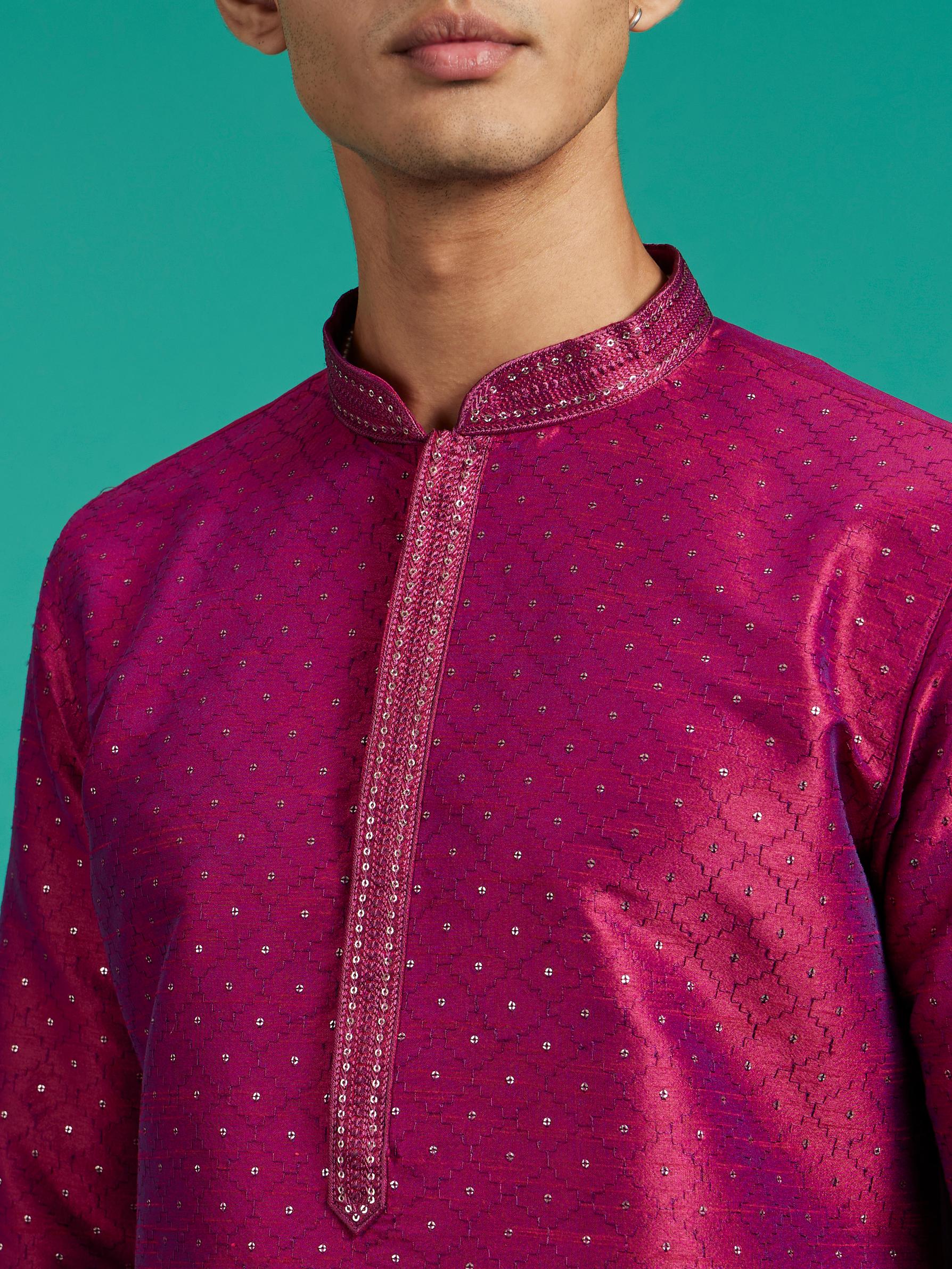 Diwas Men Rani Pink Grid Patterned Kurta with Sequin Work