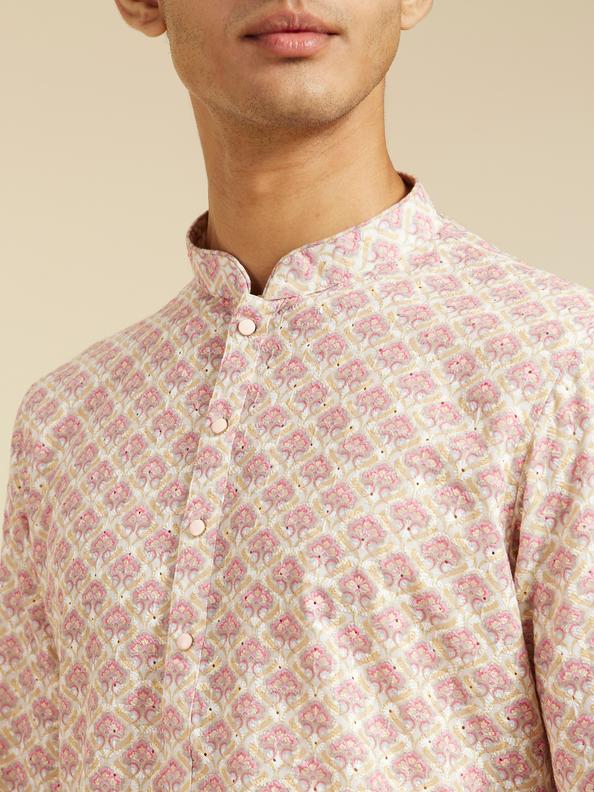 Diwas Men Bubblegum Pink Chikankari Printed Kurta