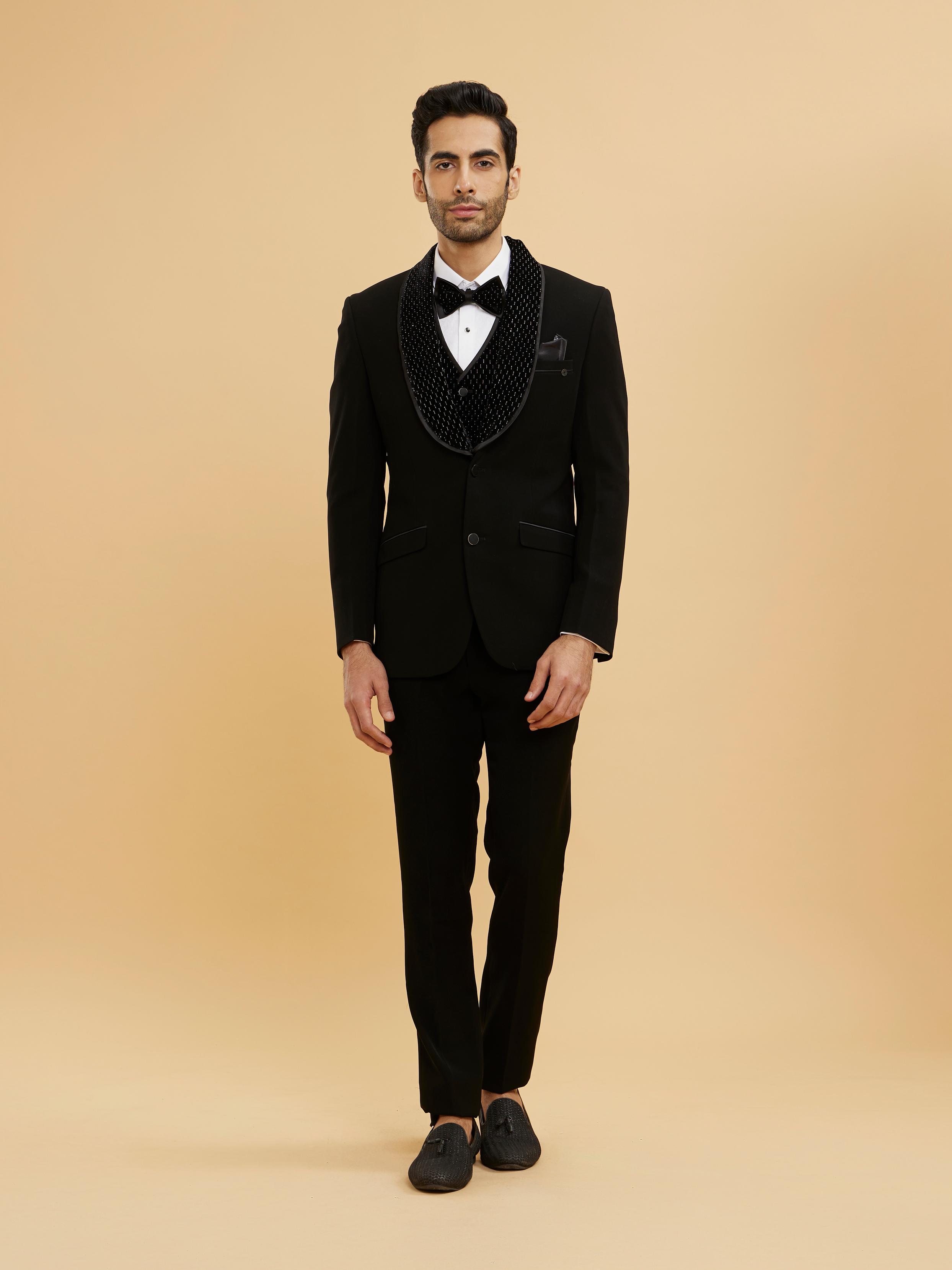 Twamev Men Midnight Blue Embellished Tuxedo Suit Set