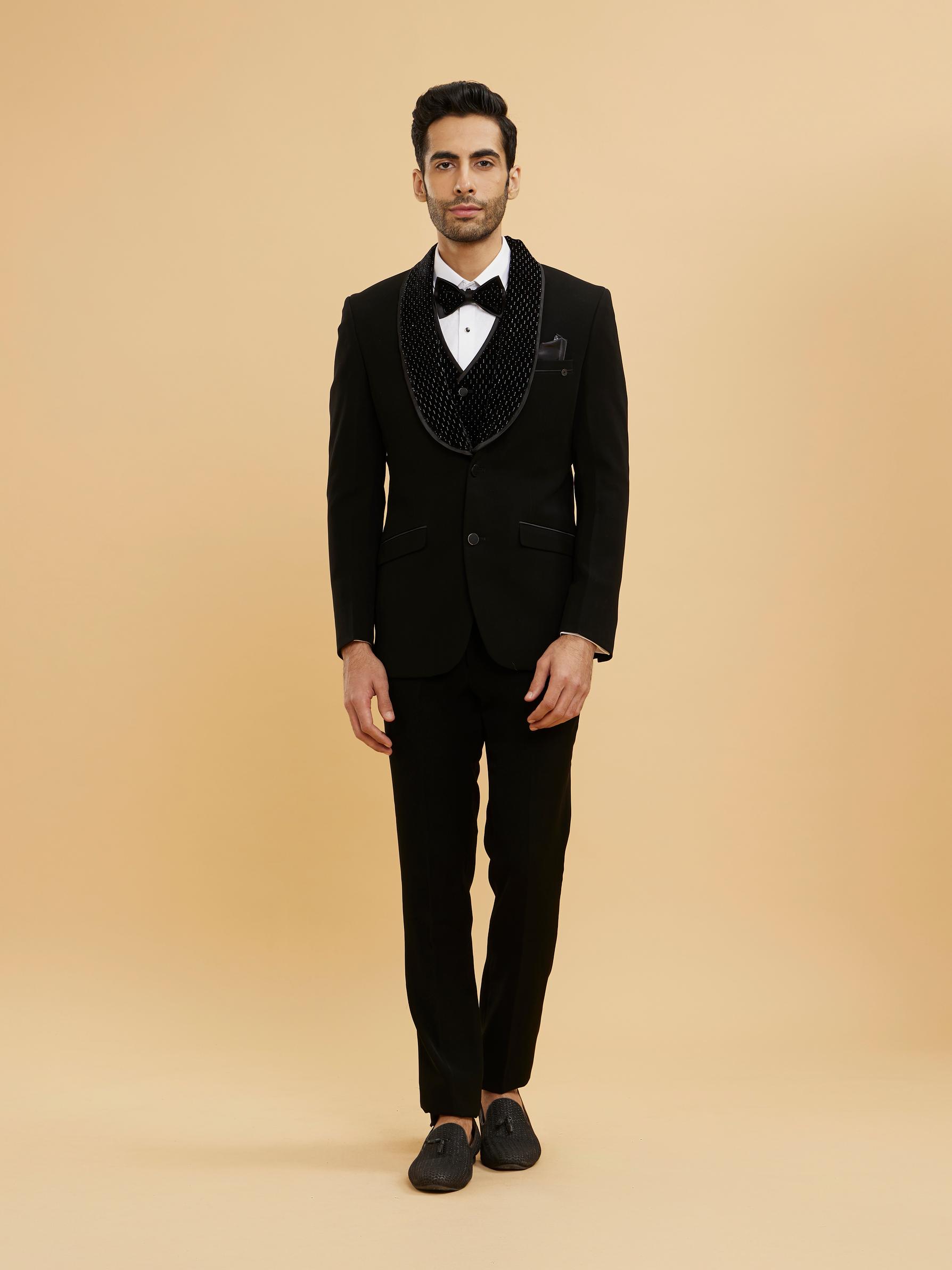 Twamev Men Midnight Blue Embellished Tuxedo Suit Set