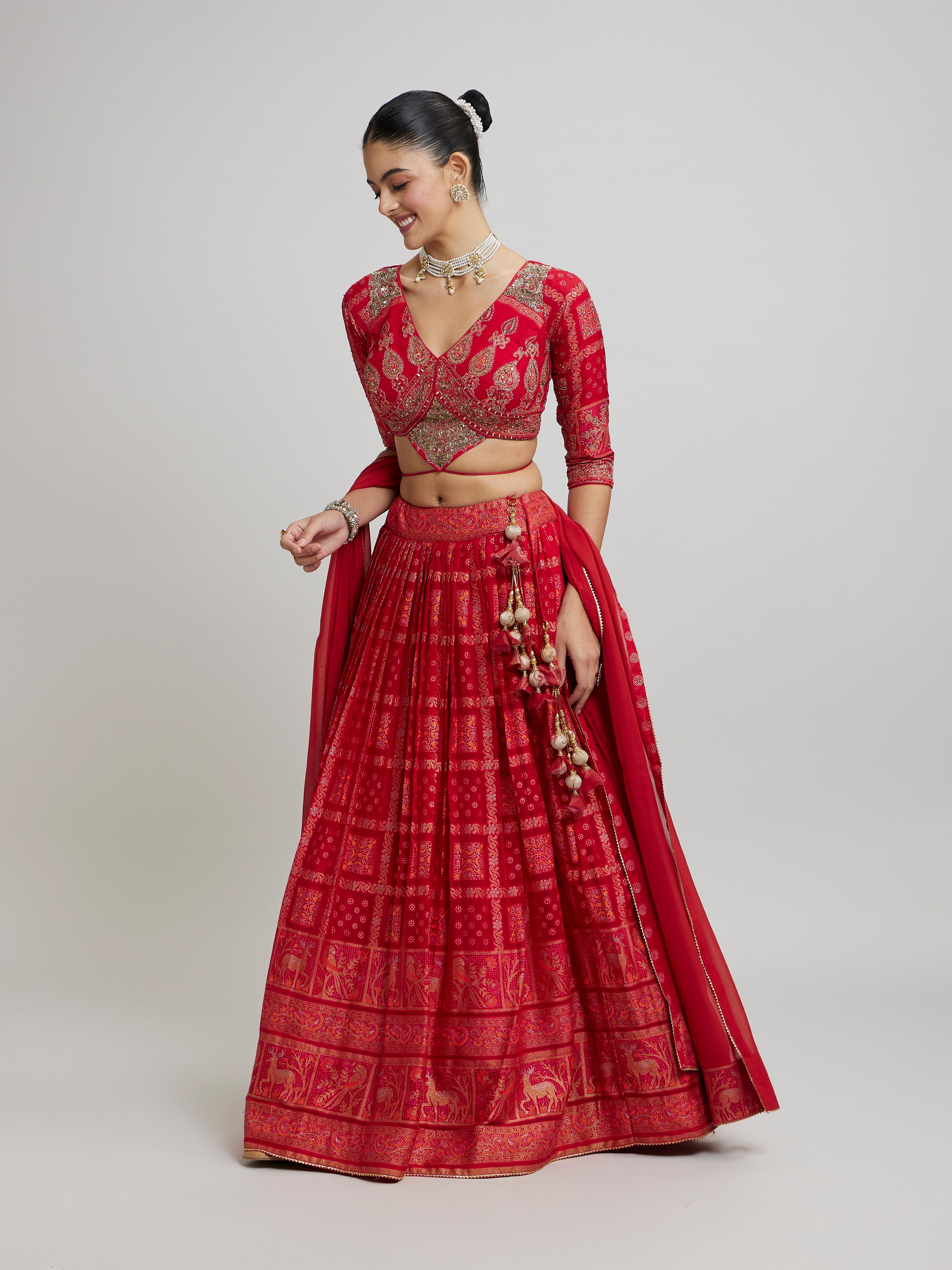 Twamev Women Scintillating Red Chinon Lehenga