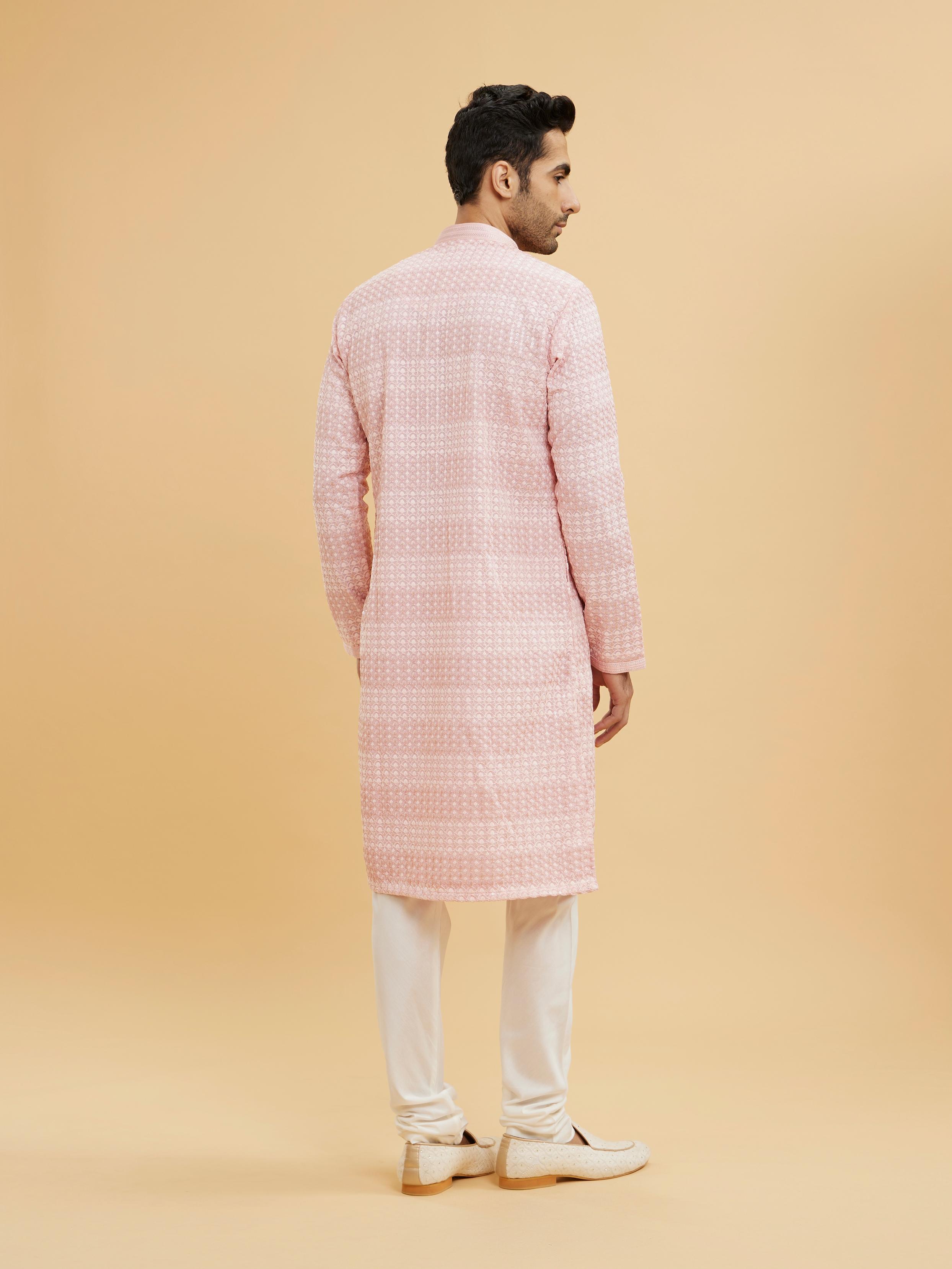 Twamev Men Millennial Pink Chikankari Grid Patterned Kurta Set