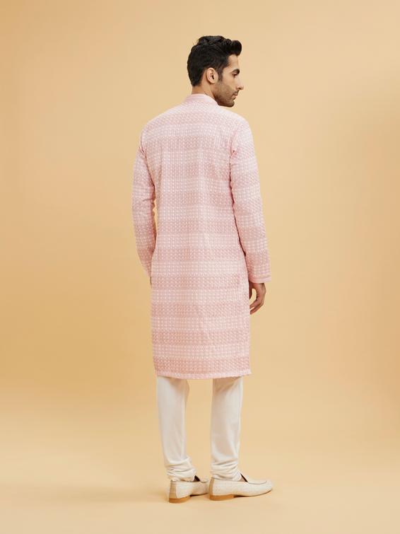 Twamev Men Millennial Pink Chikankari Grid Patterned Kurta Set