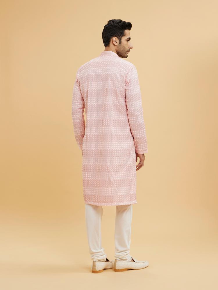Twamev Men Millennial Pink Chikankari Grid Patterned Kurta Set