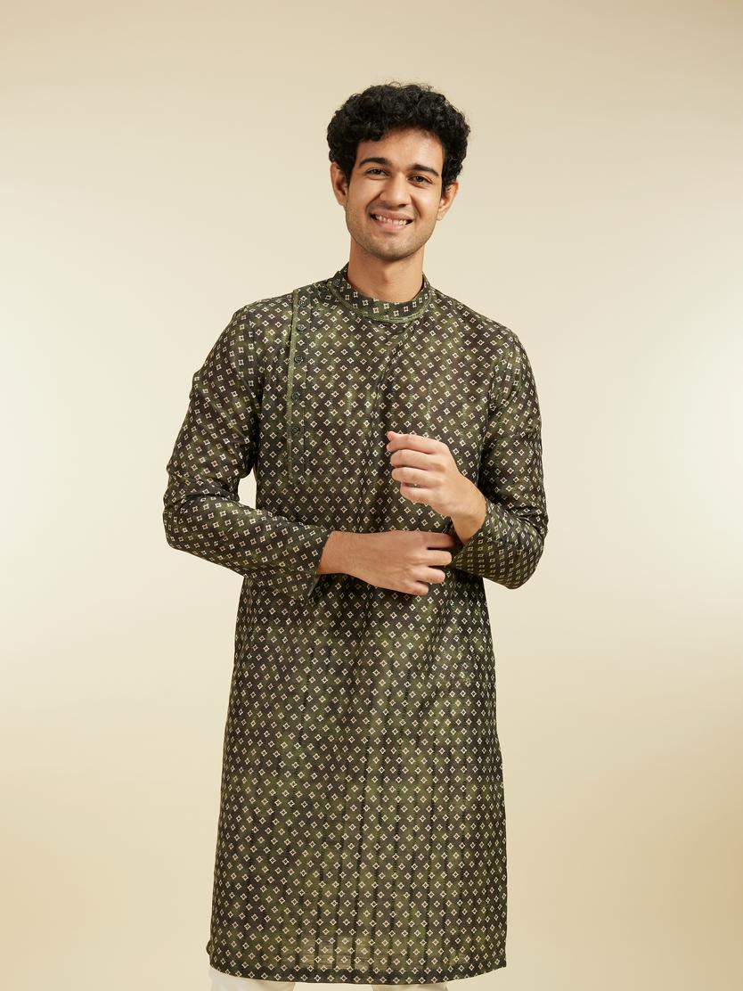 Diwas Men Bottle Green Bandhani Printed Angrakha Style Kurta