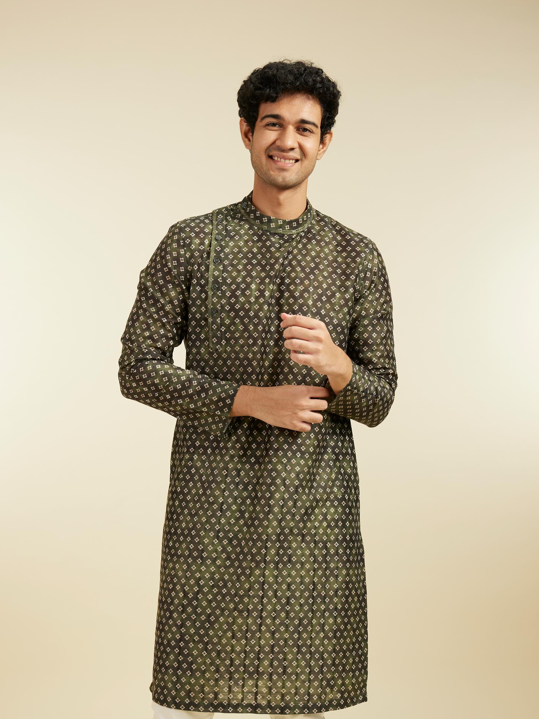 Diwas Men Bottle Green Bandhani Printed Angrakha Style Kurta
