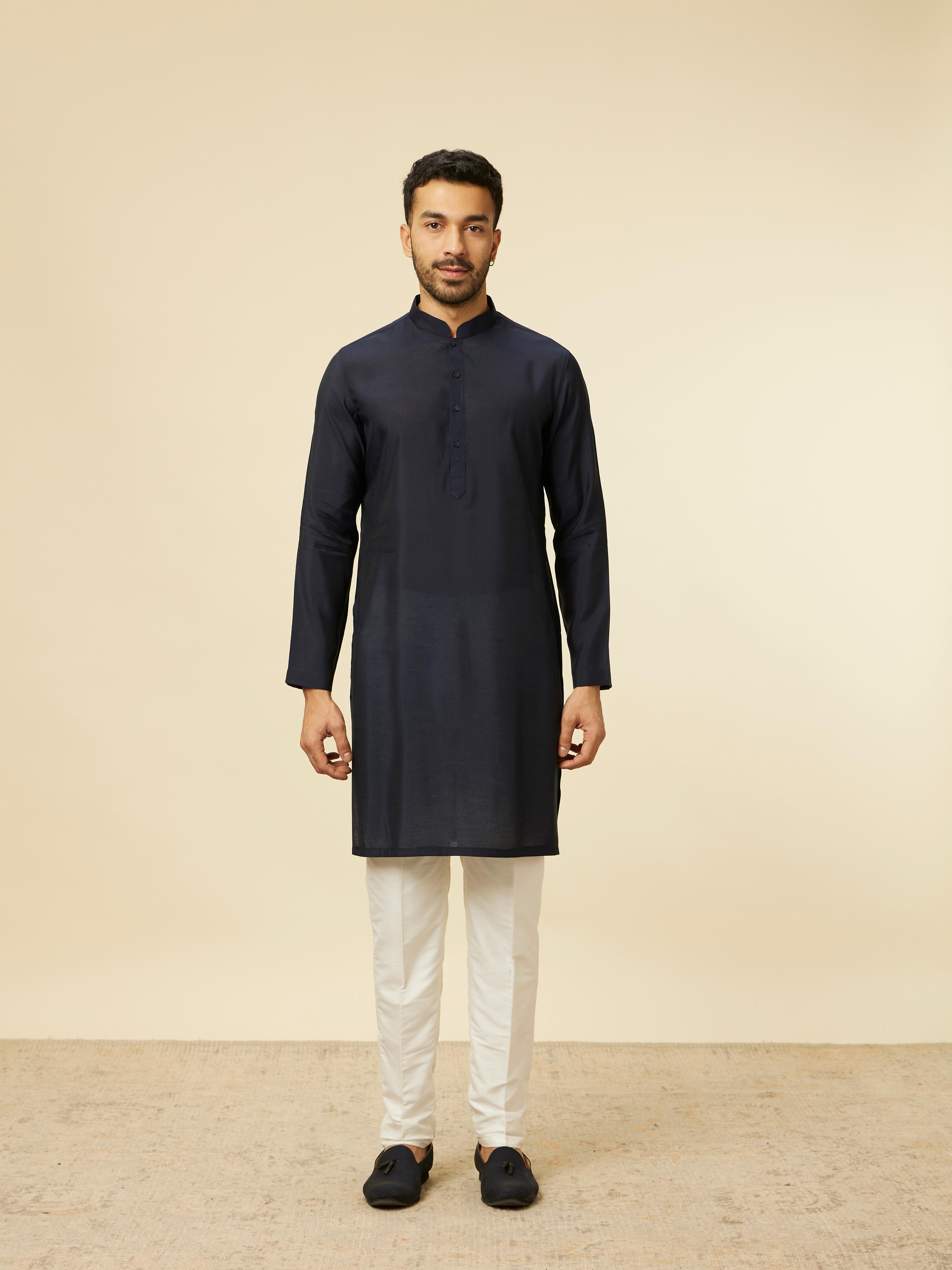 Twamev Men Dark Blue Self Mirror Patterned Kurta Jacket Set