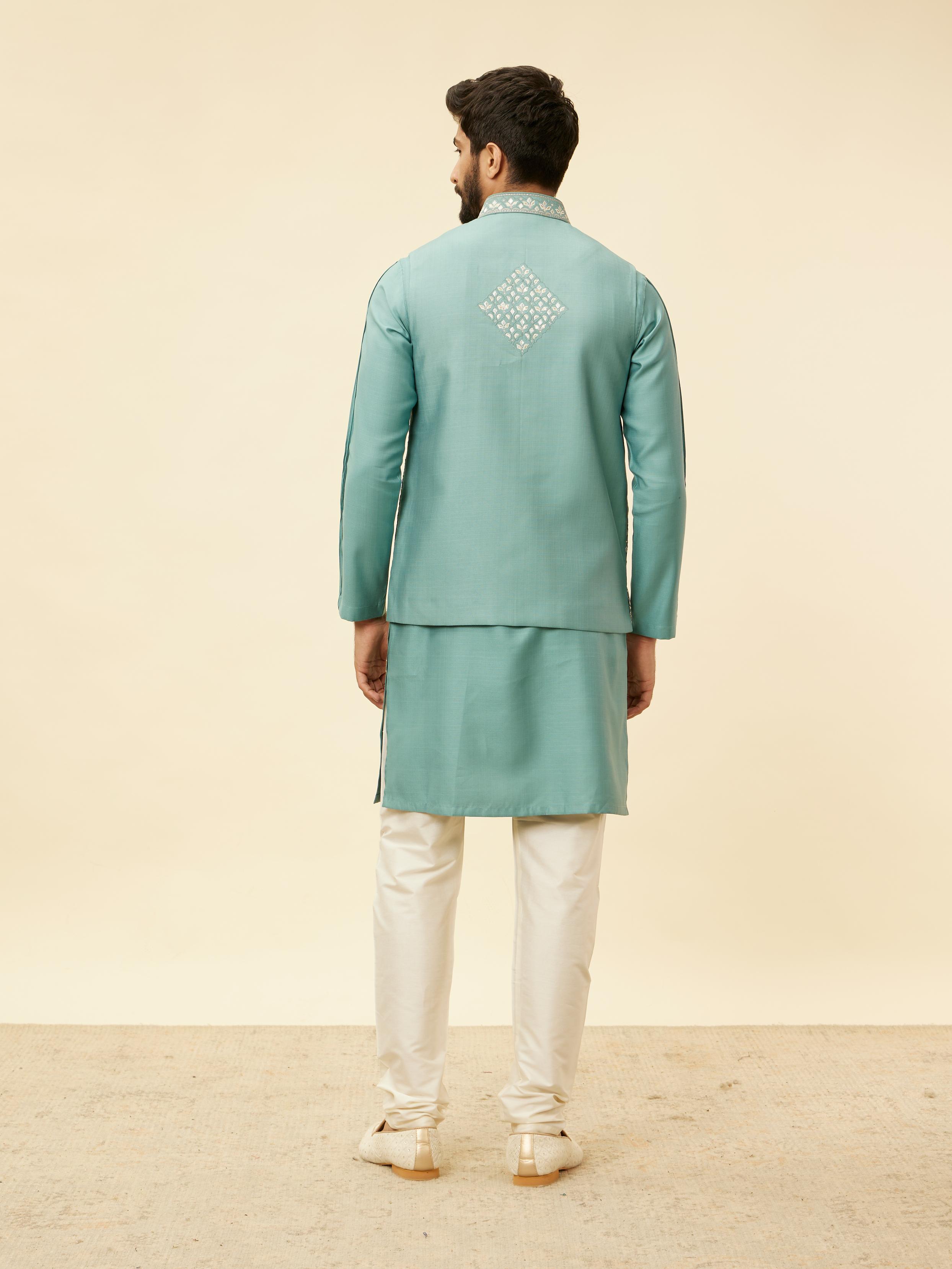 Twamev Men Mid Blue Floral Blue Patterned Kurta Jacket Set