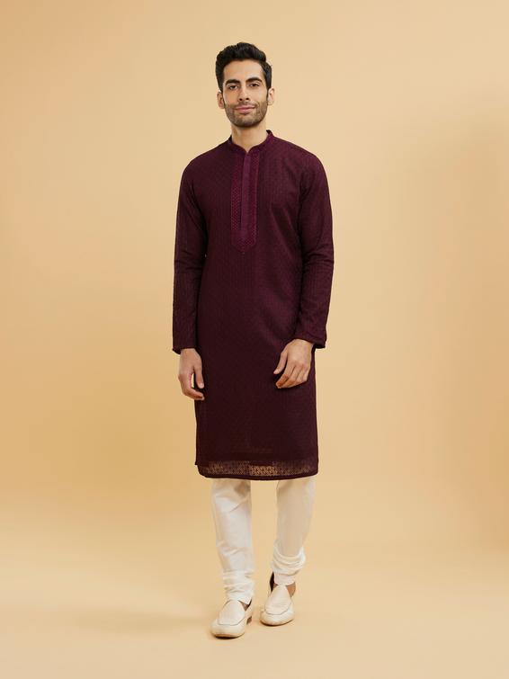 Twamev Men Wine Red Jaal Patterned Kurta Set with Embellished Placket