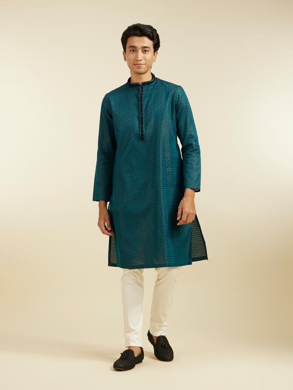 Diwas Men Teal Green Floral Buta Patterned Kurta with Sequinned Neckline