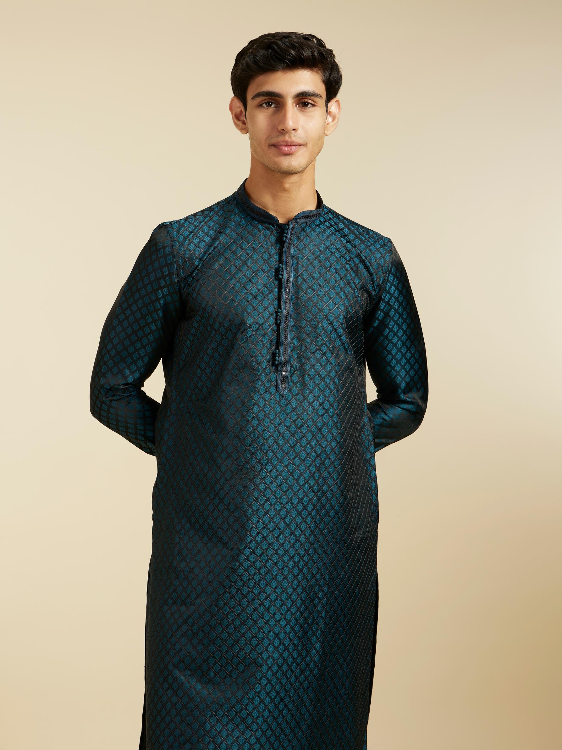 Diwas Men Teal Blue Grid Patterned Kurta with Sequinned Placket