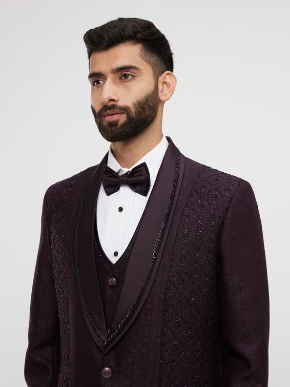 Twamev Men Royal Purple Jaal Patterned Suit Set with Sequin Work