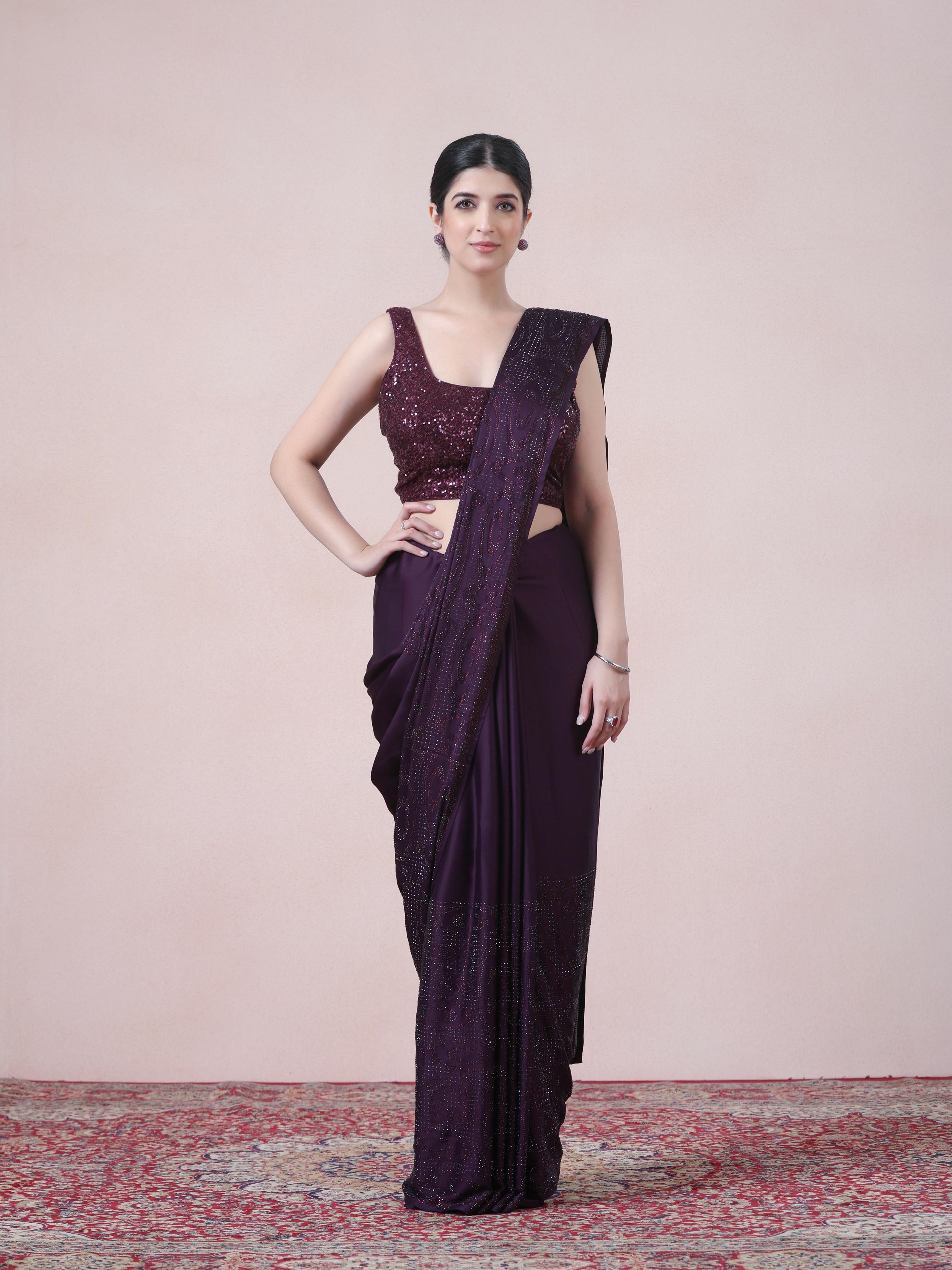 Twamev Women Dazzling Dark Purple Satin Saree