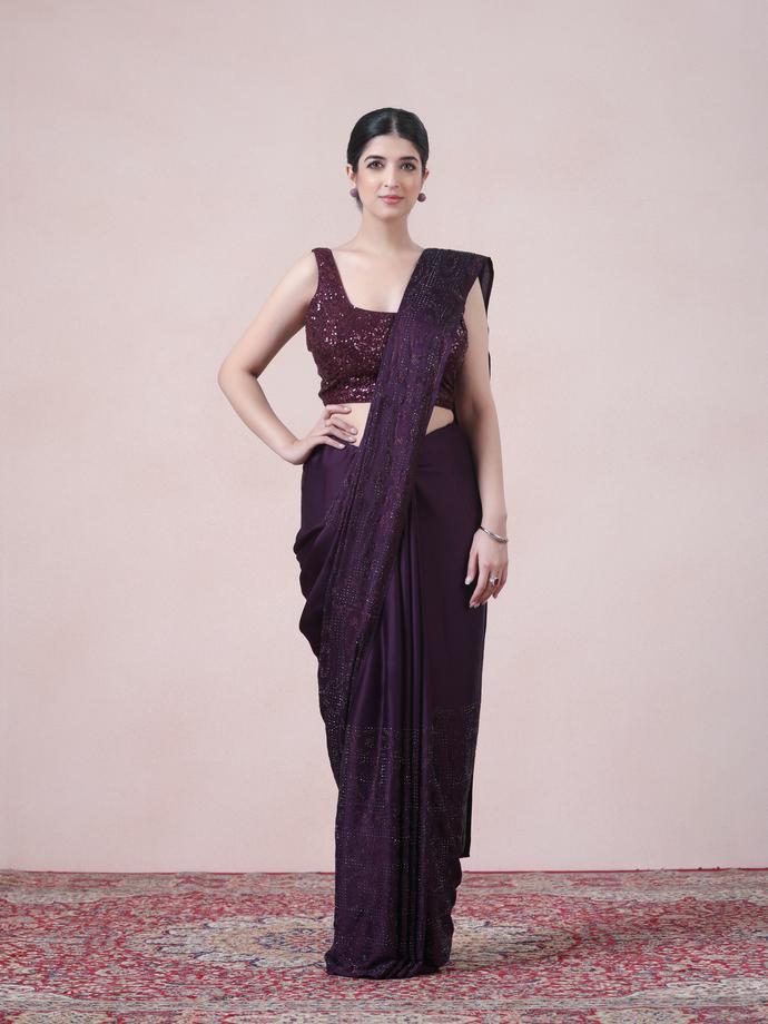 Twamev Women Dazzling Dark Purple Satin Saree