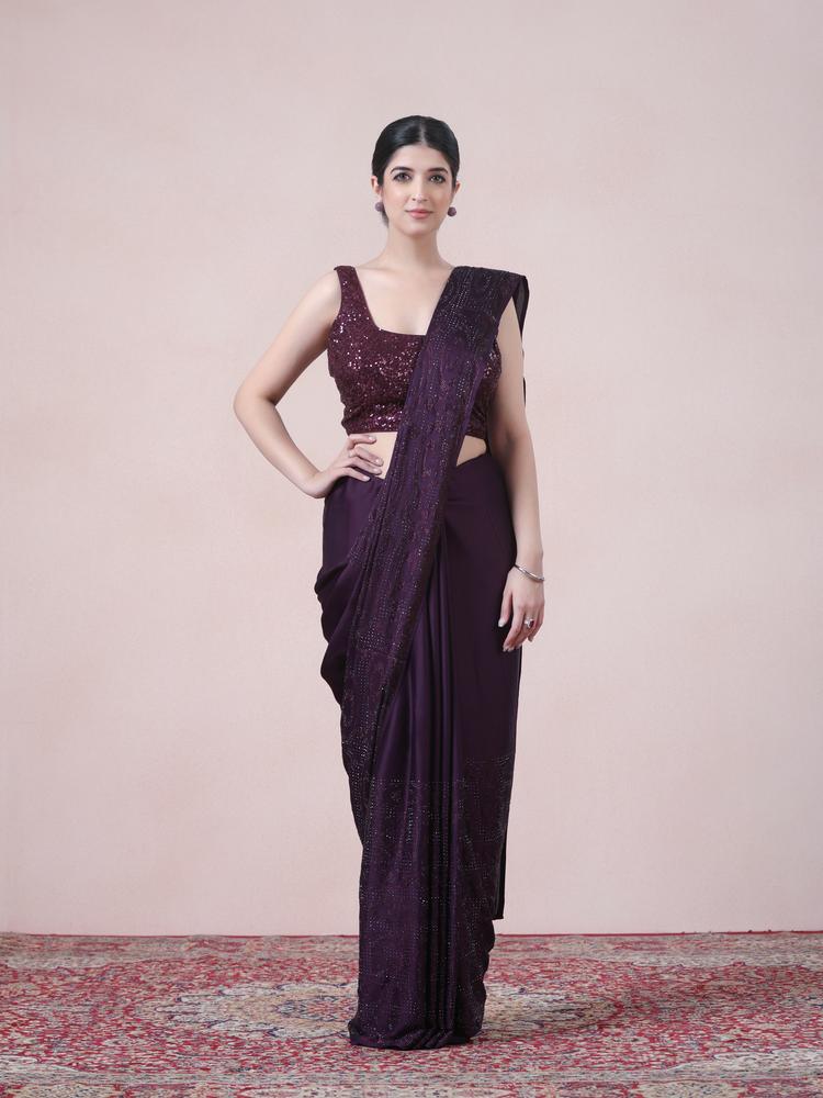Twamev Women Dazzling Dark Purple Satin Saree